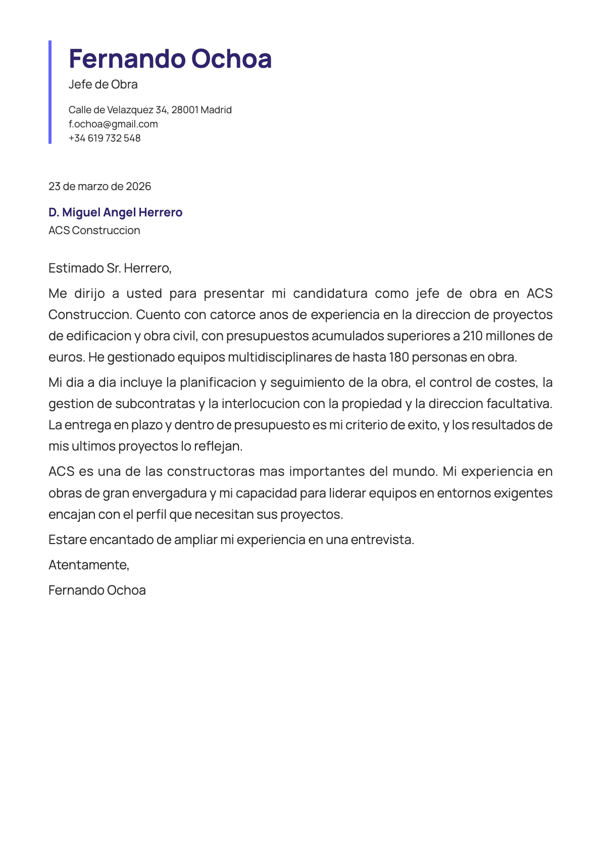 Jefe de Obra cover letter example