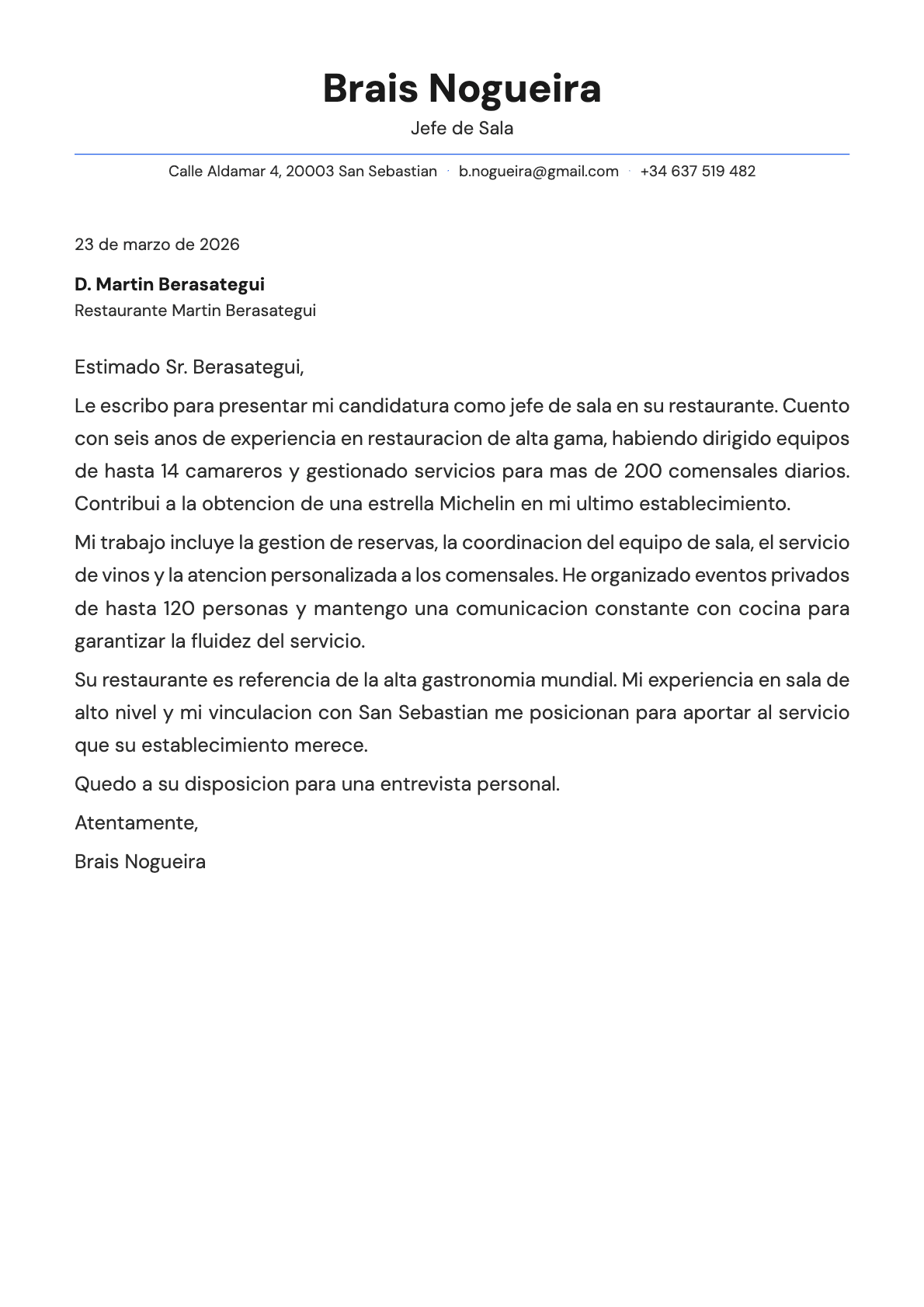 Jefe de Sala cover letter example