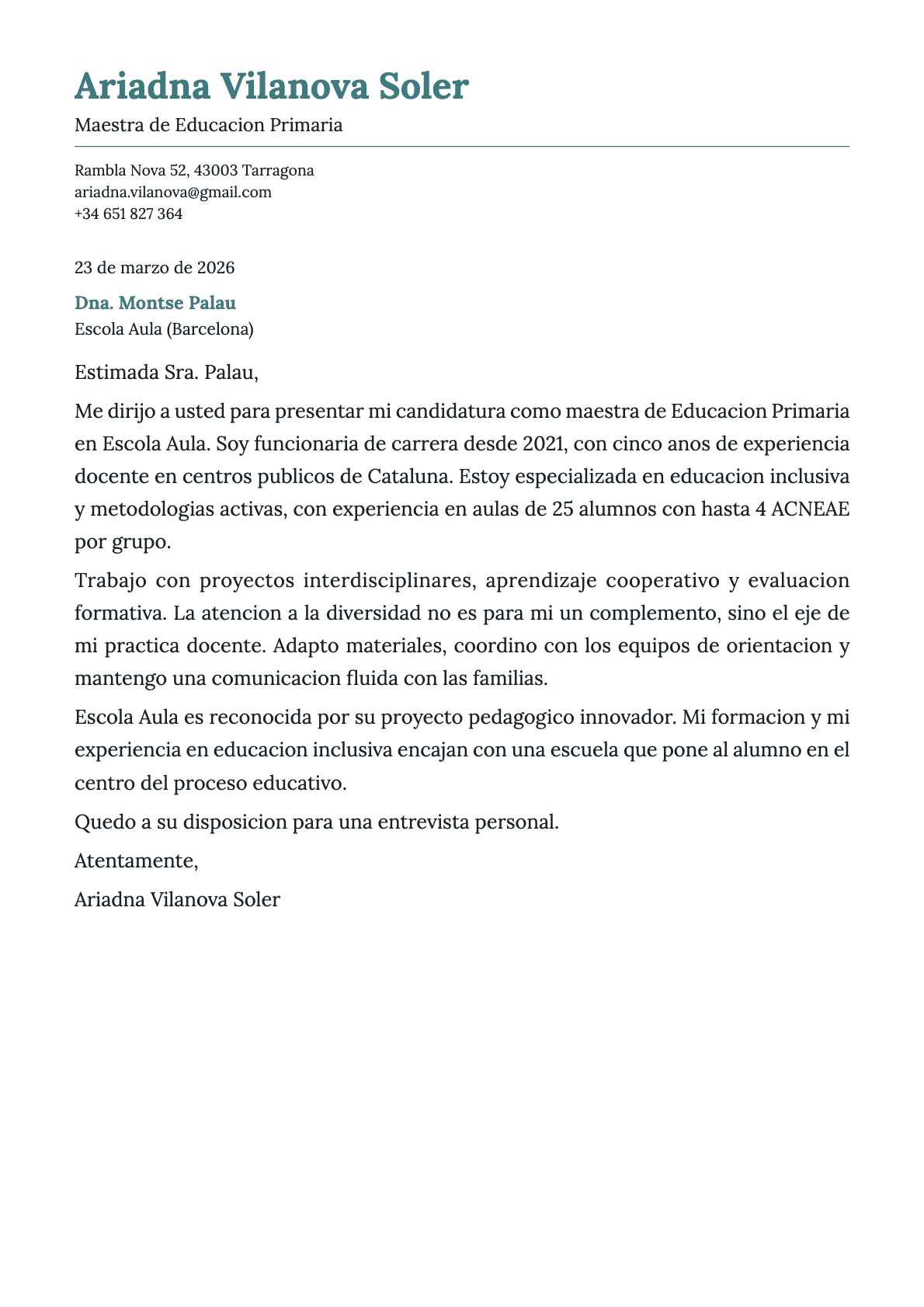 Maestro de Educación Primaria cover letter example