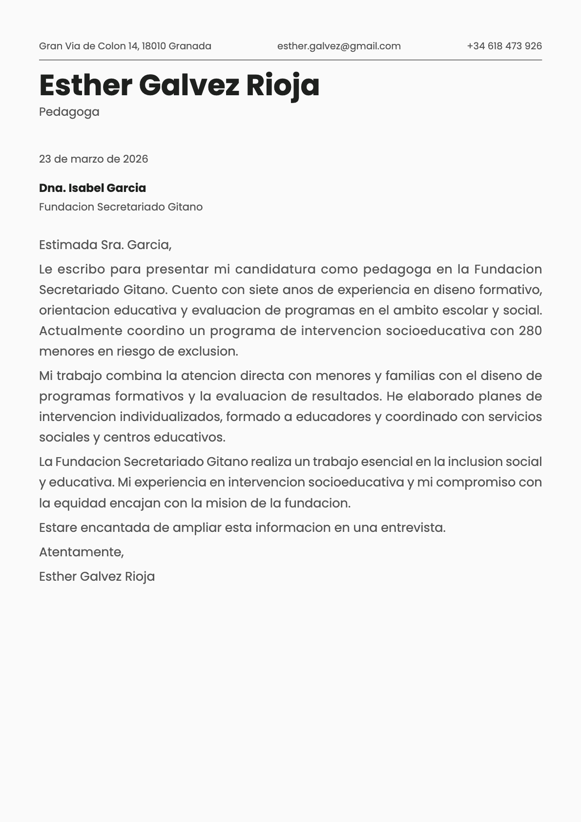 Pedagogo cover letter example