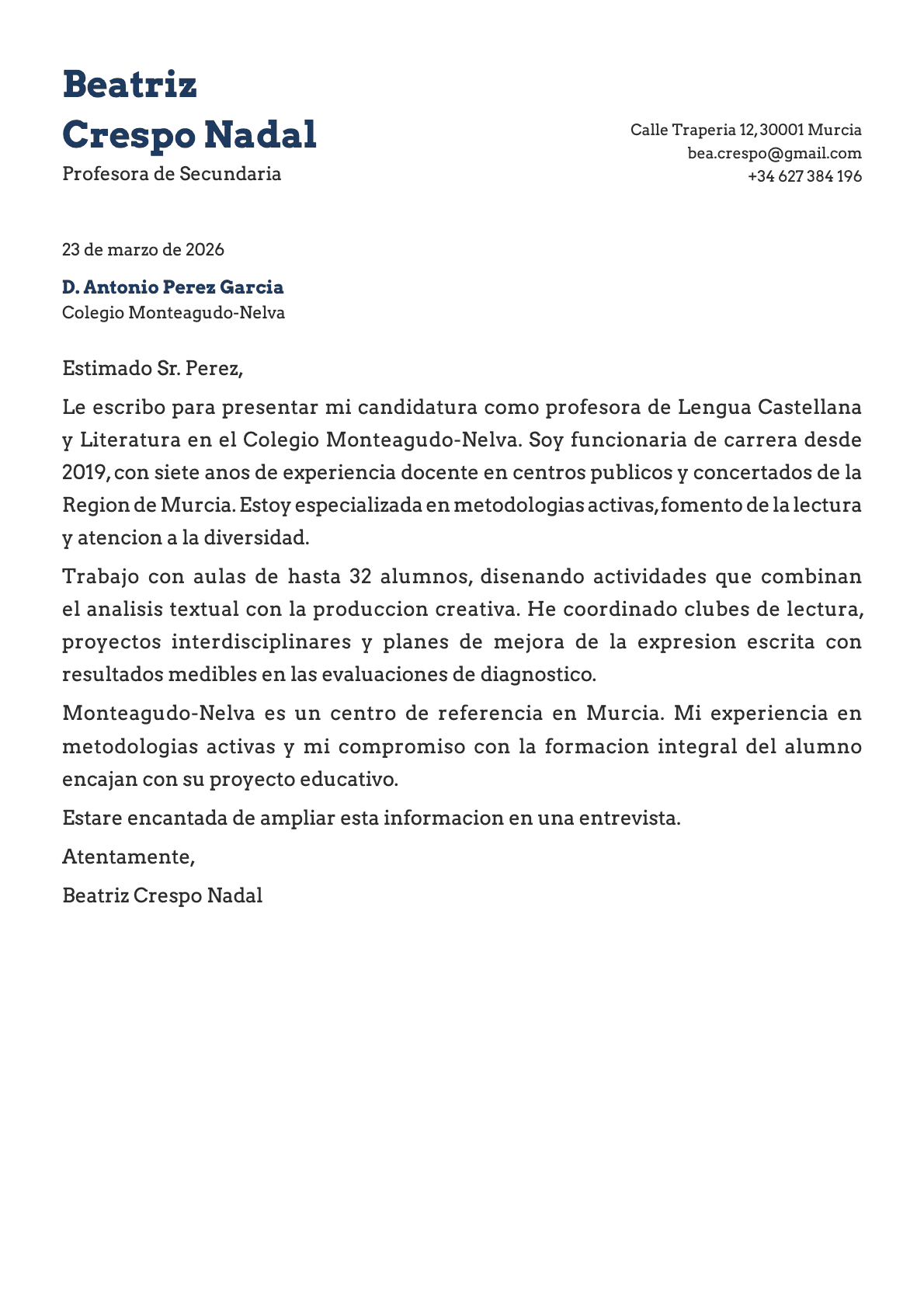 Profesor de Secundaria cover letter example