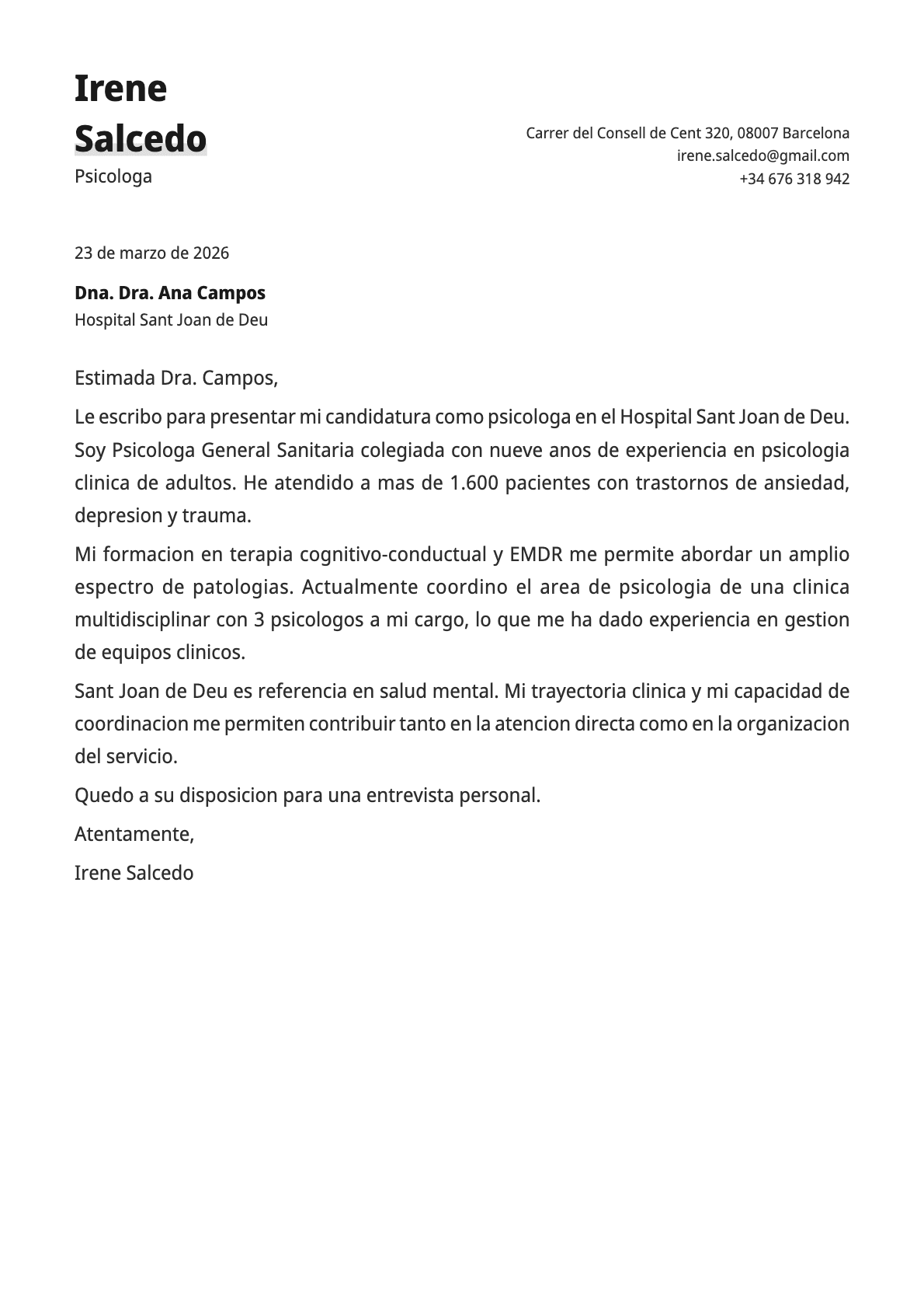 Psicólogo cover letter example