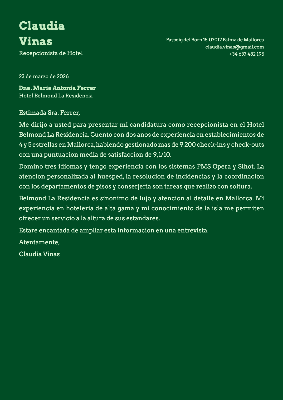 Recepcionista de Hotel cover letter example