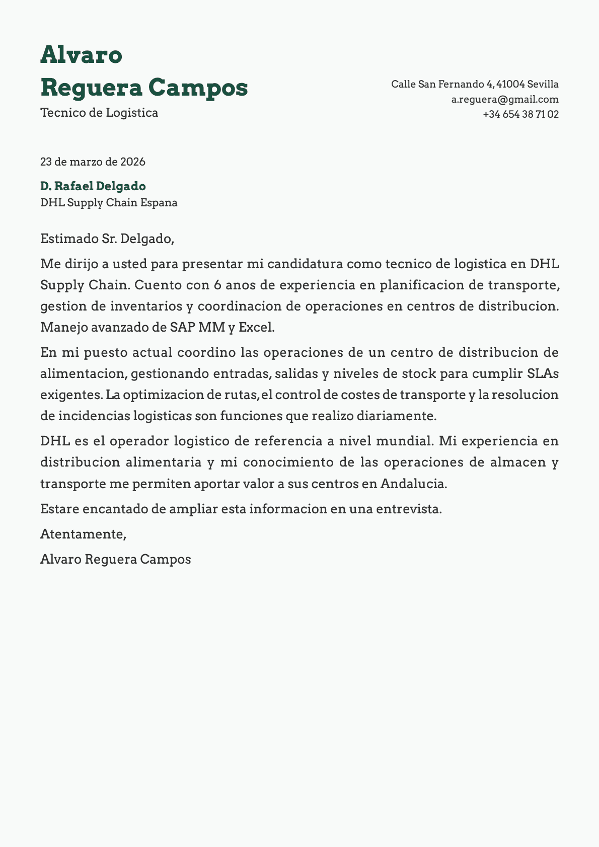 Técnico de Logística cover letter example