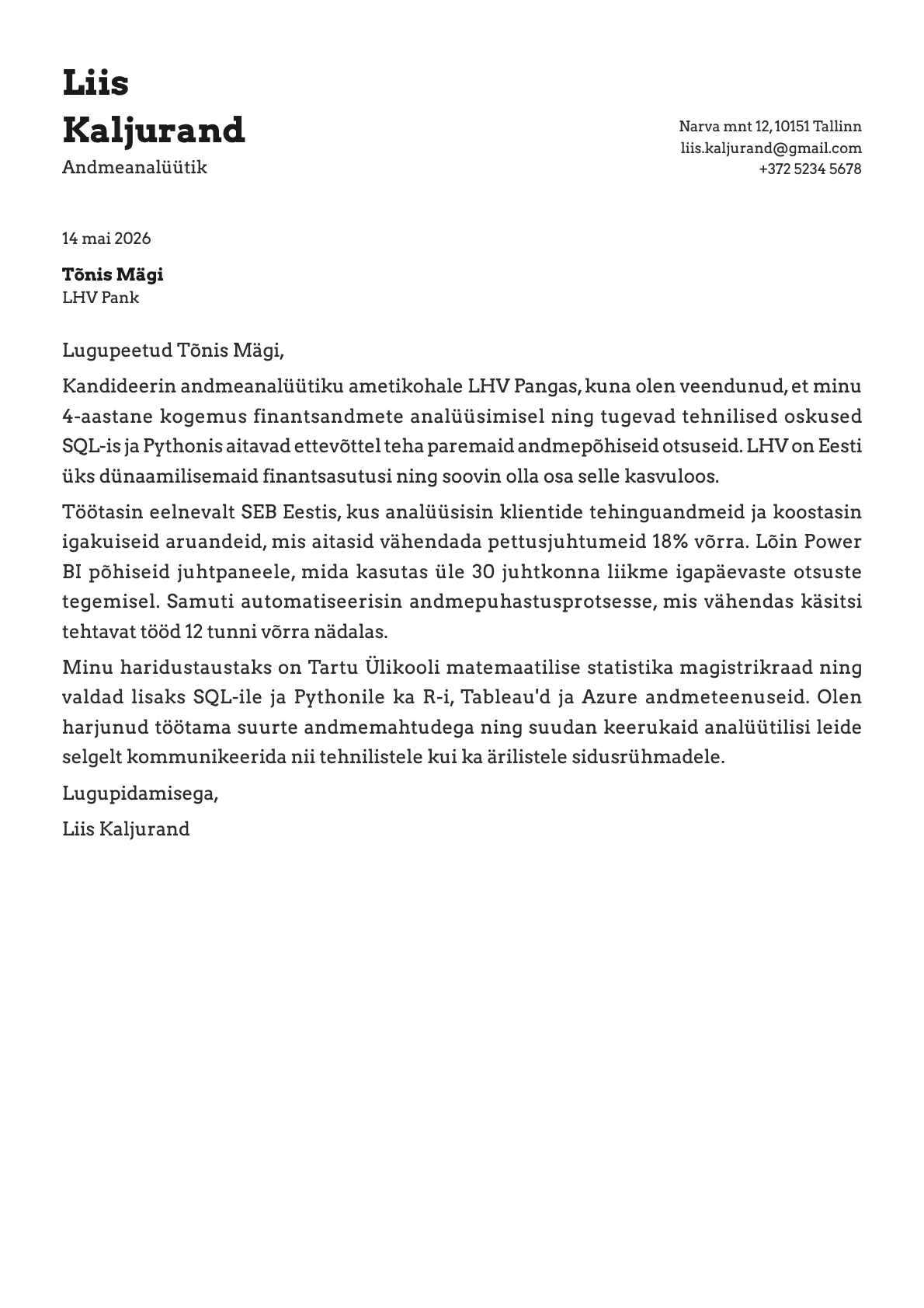 Andmeanalüütik cover letter