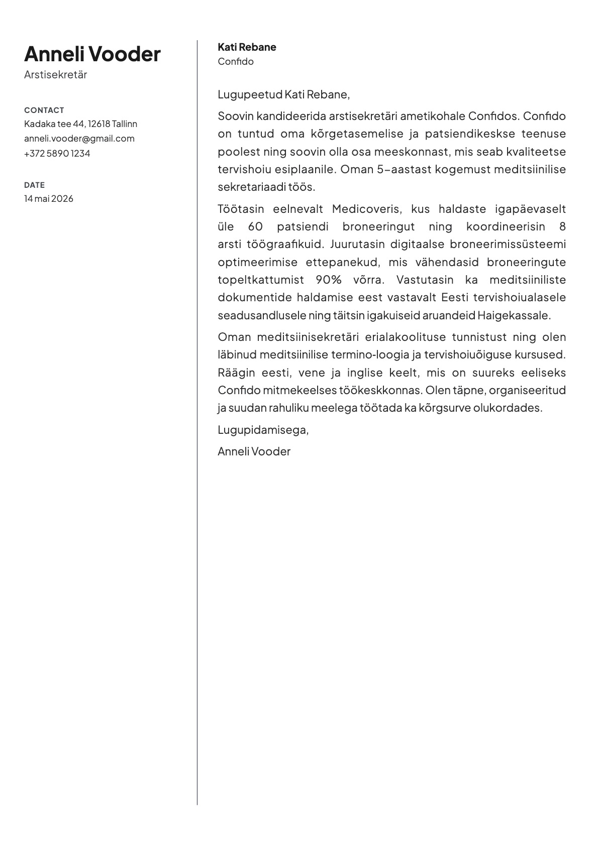 Arstisekretär cover letter example