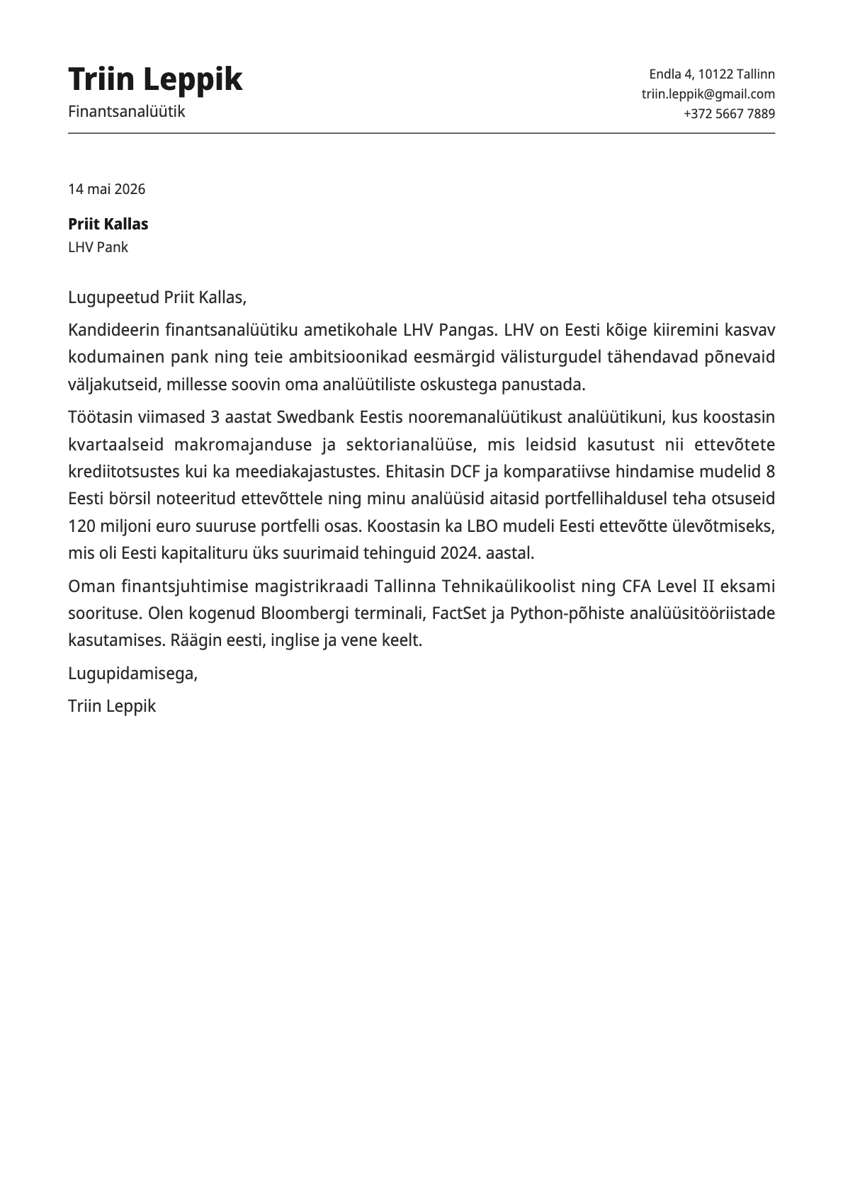 Finantsanalüütik cover letter example