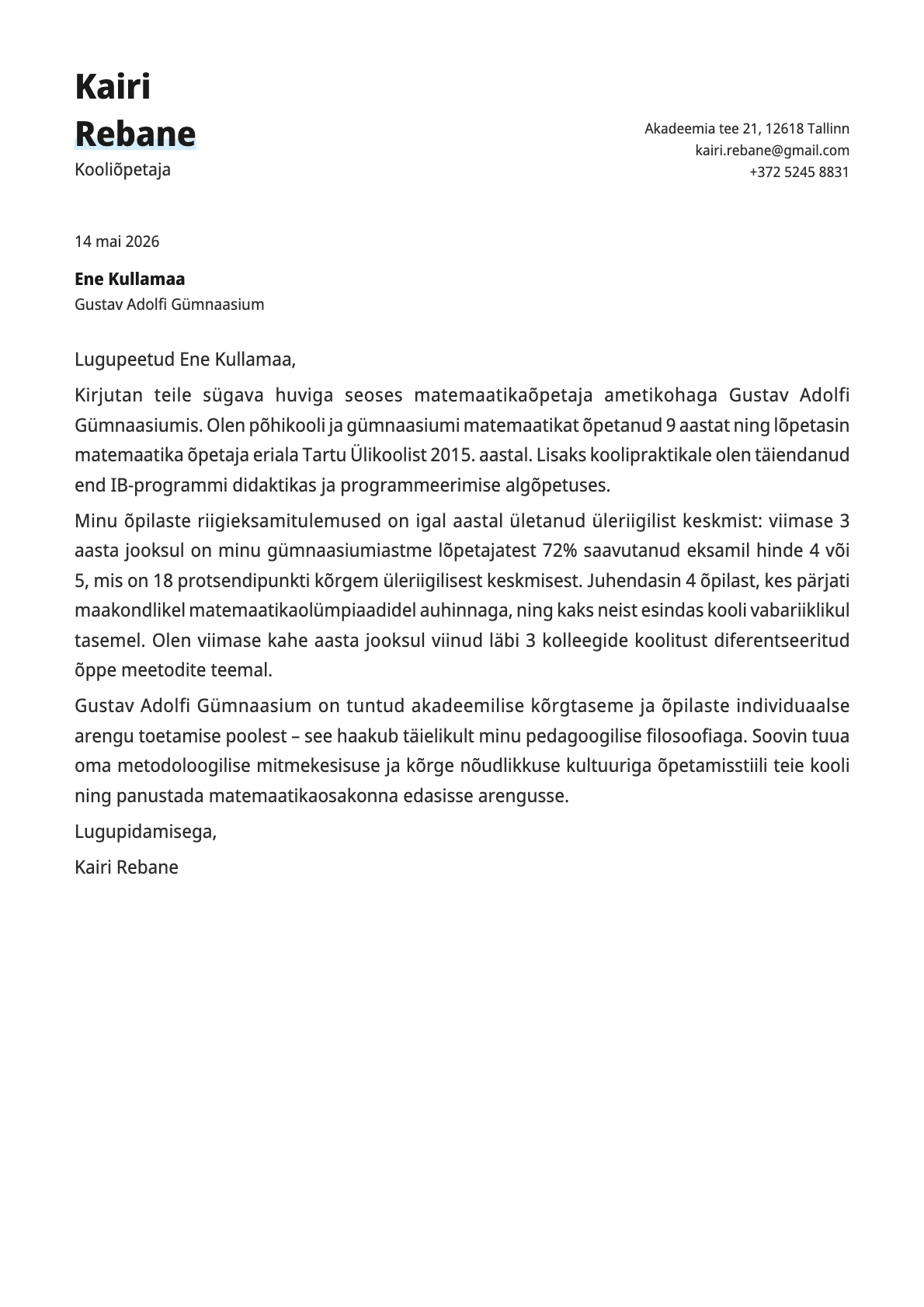 Kooliõpetaja cover letter example