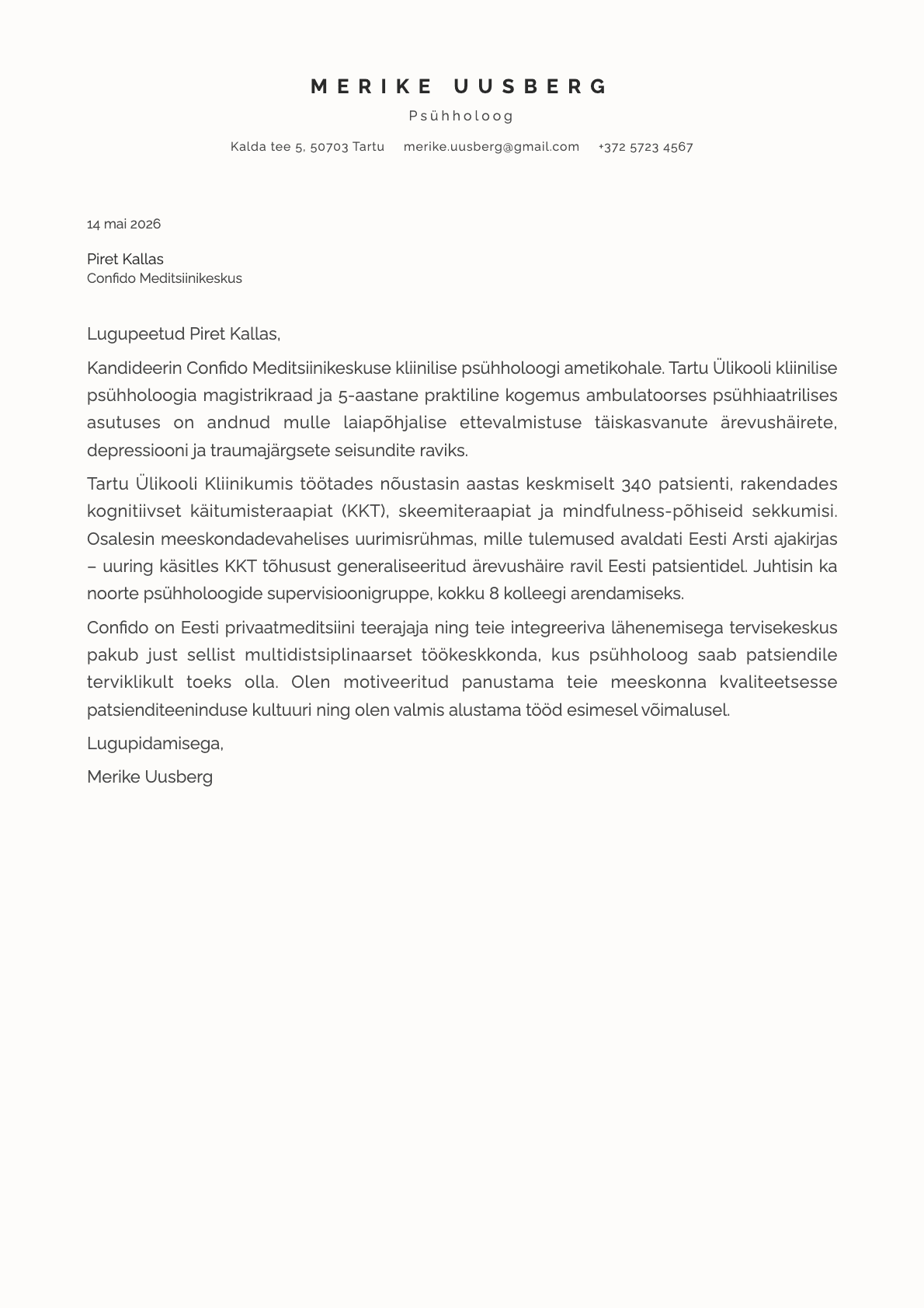 Psühholoog cover letter example