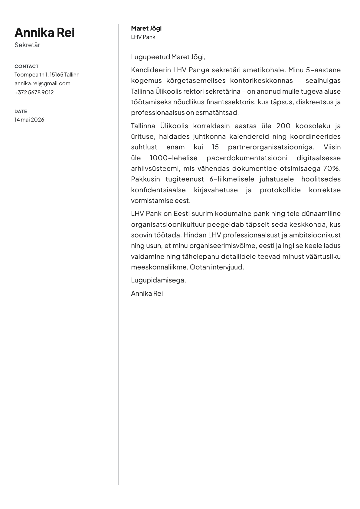 Sekretär cover letter example