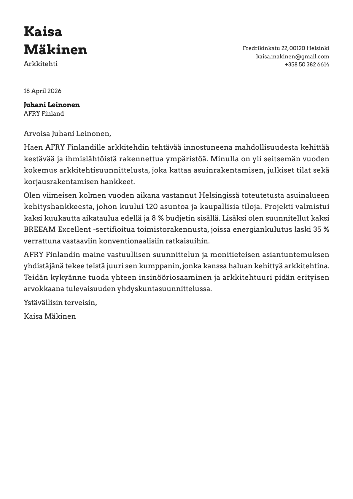 Arkkitehti cover letter example
