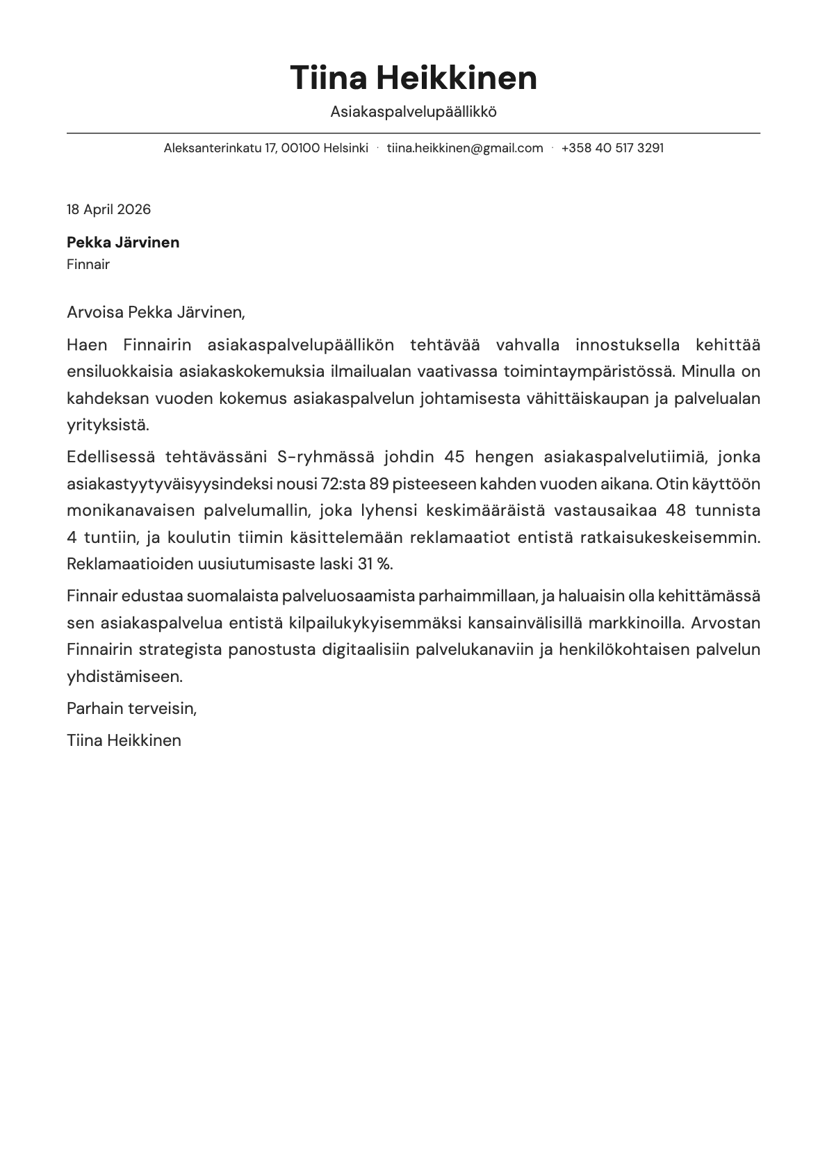 Asiakaspalvelupäällikkö cover letter