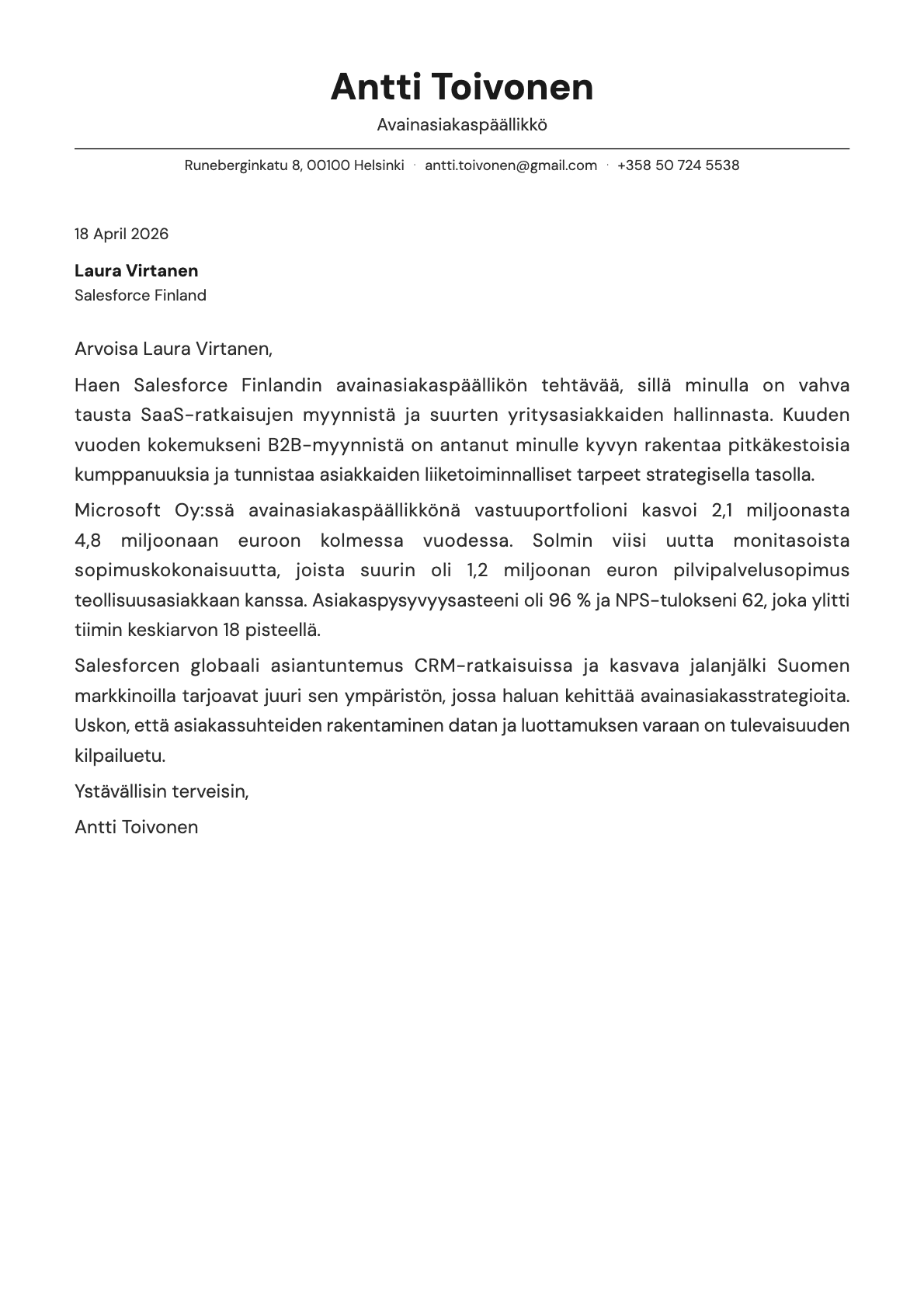 Avainasiakaspäällikkö cover letter example