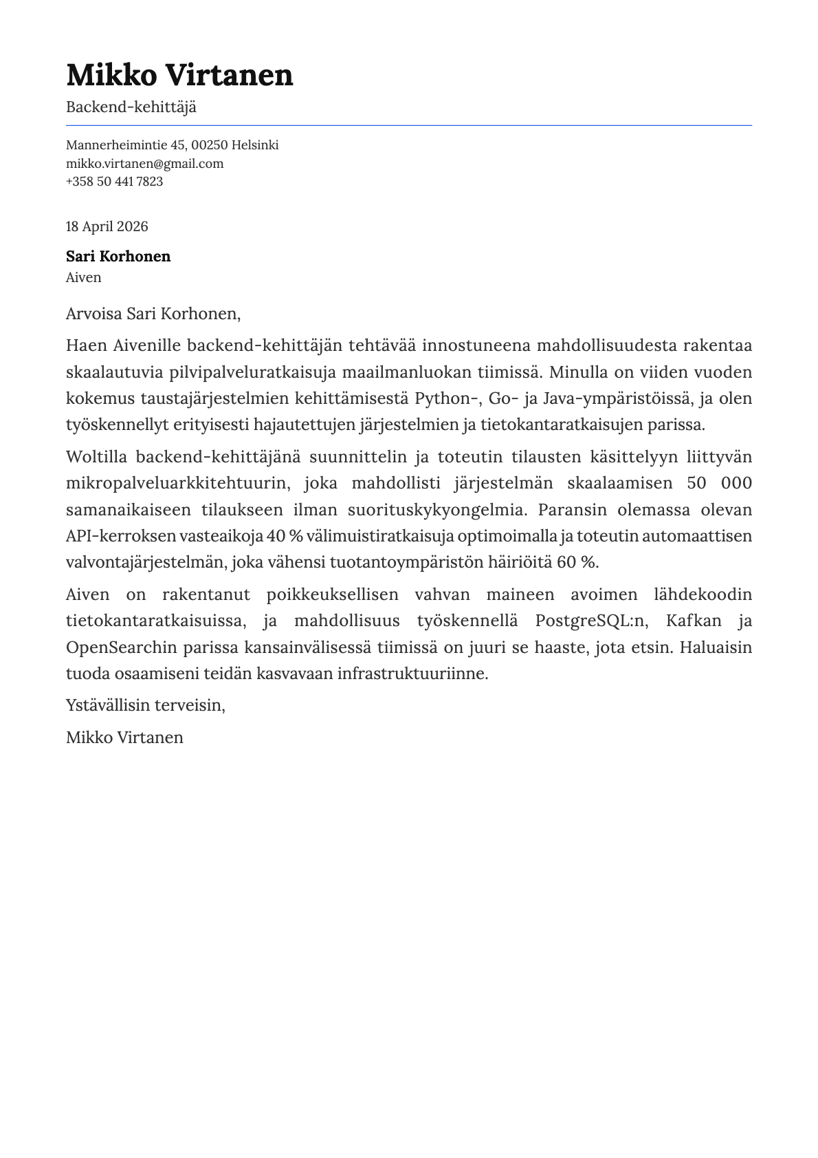 Backend-kehittäjä cover letter example