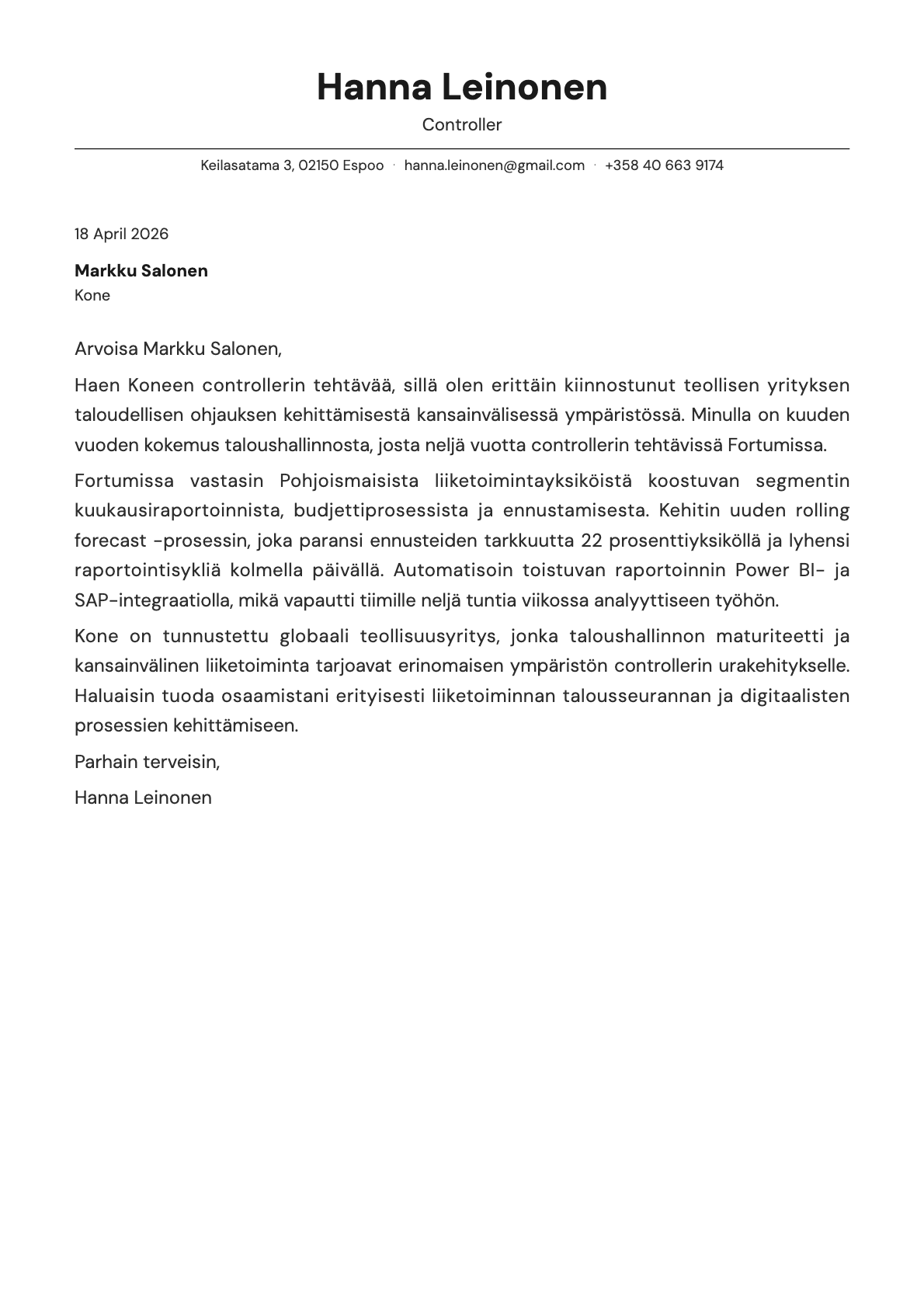 Controller cover letter