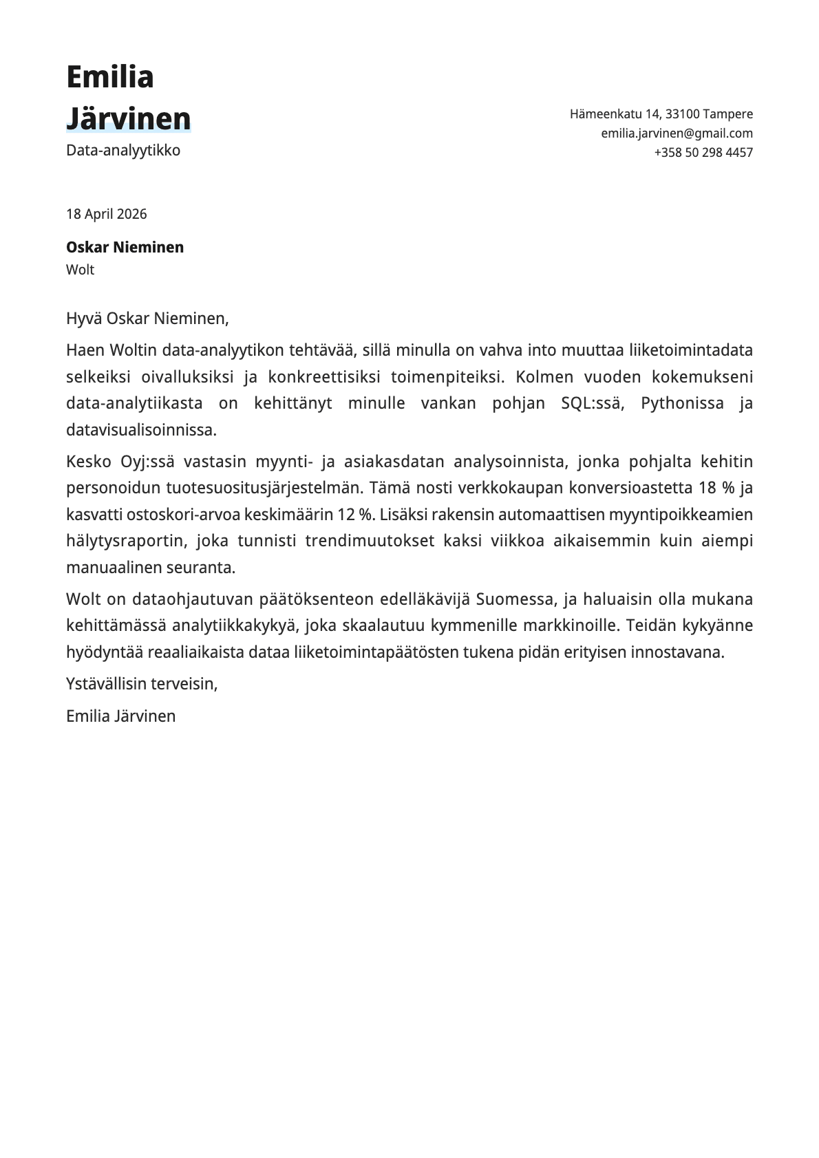 Data-analyytikko cover letter