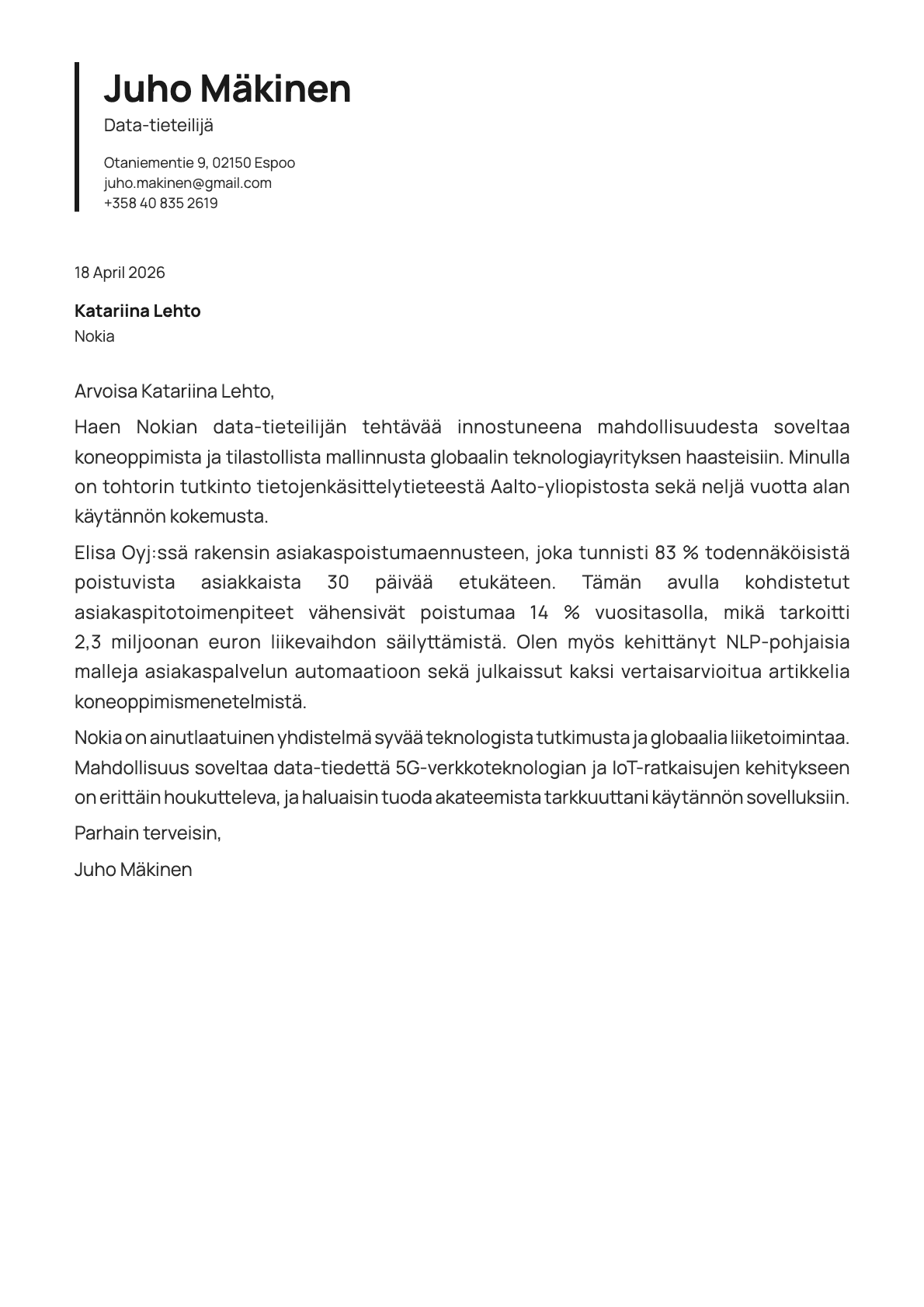 Data-tieteilijä cover letter example