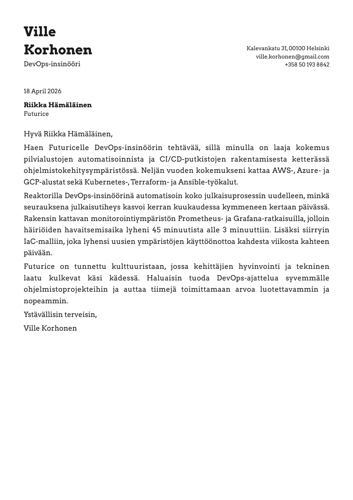 DevOps-insinööri cover letter example