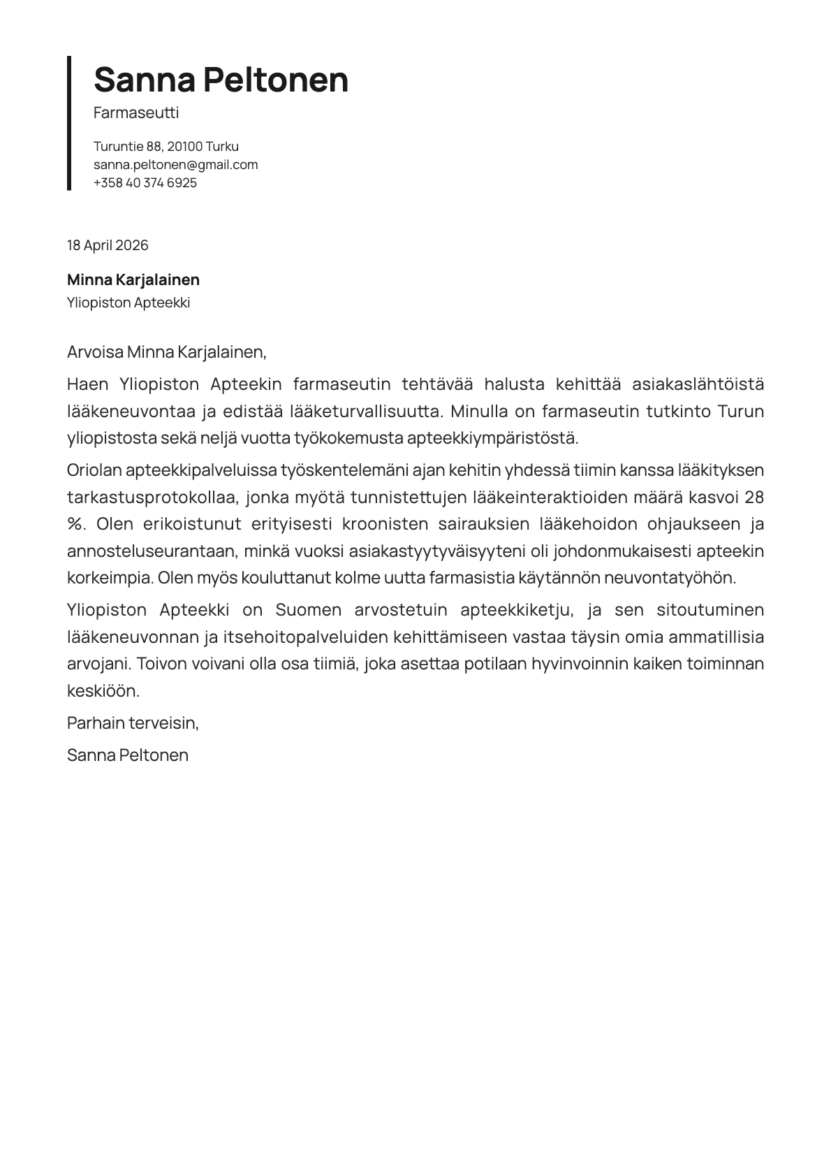 Farmaseutti cover letter example