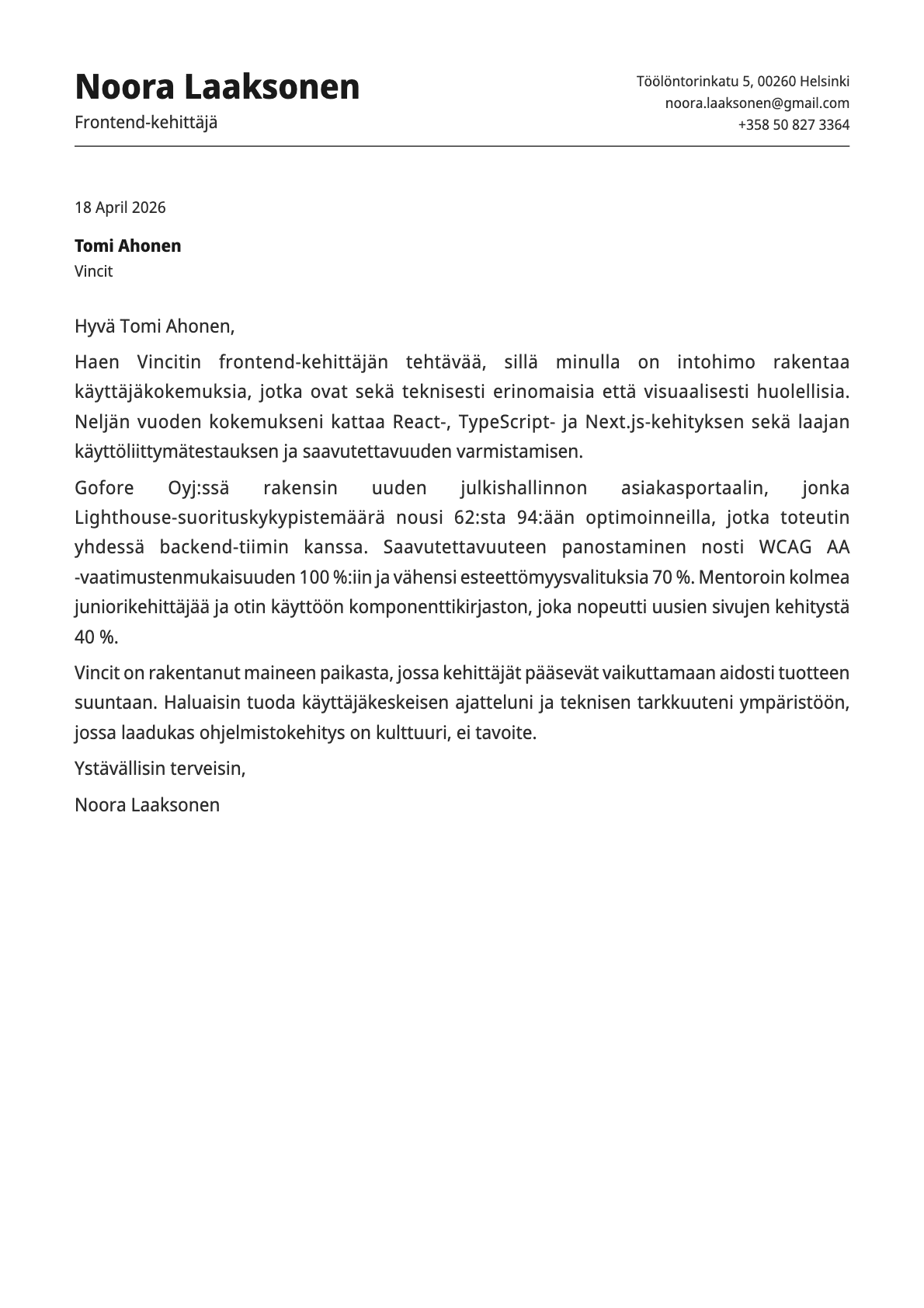 Frontend-kehittäjä cover letter example