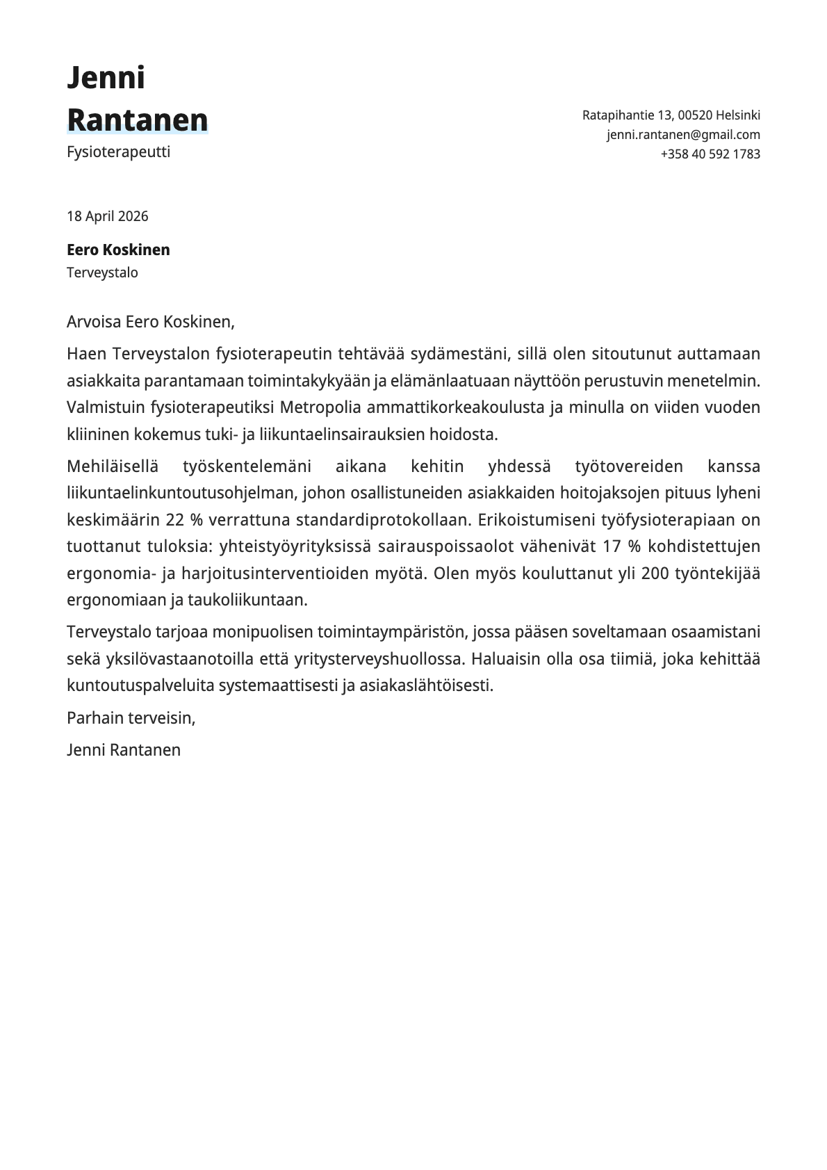 Fysioterapeutti cover letter example