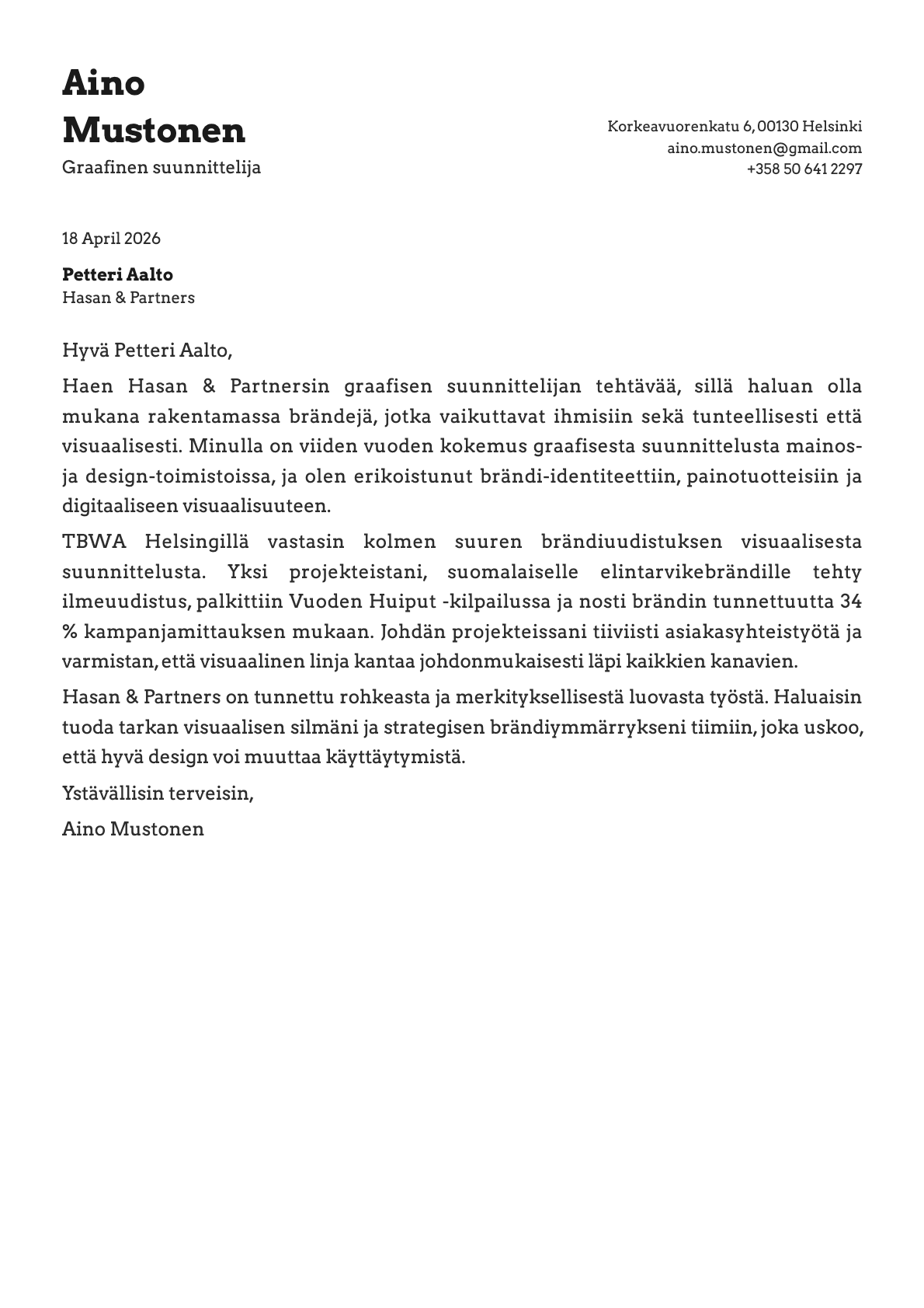 Graafinen suunnittelija cover letter example