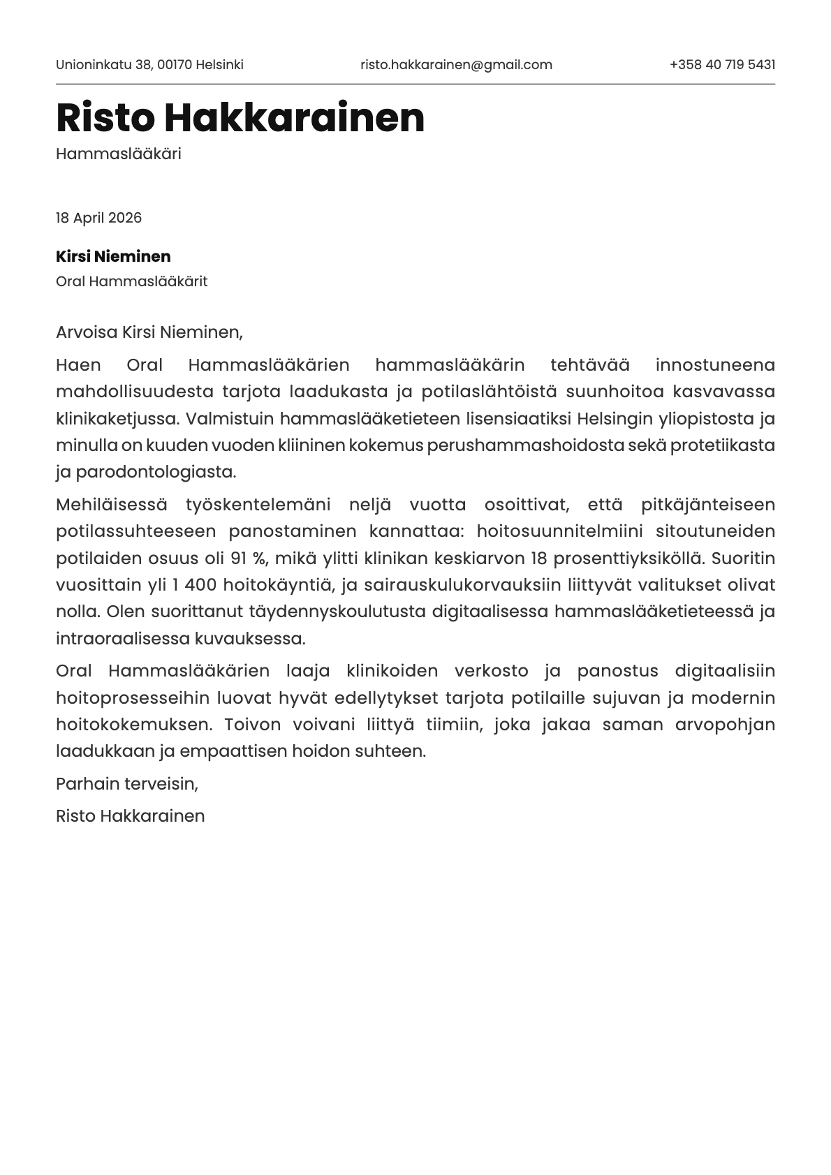 Hammaslääkäri cover letter example