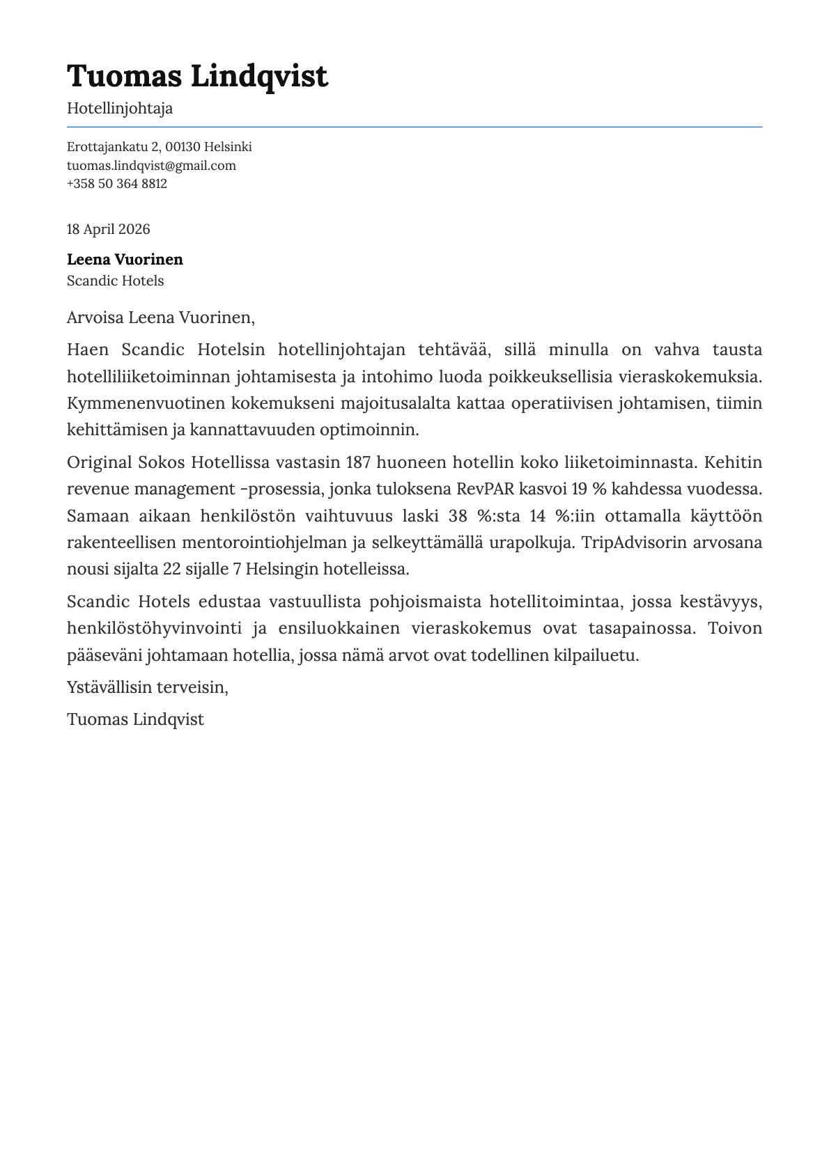 Hotellinjohtaja cover letter example