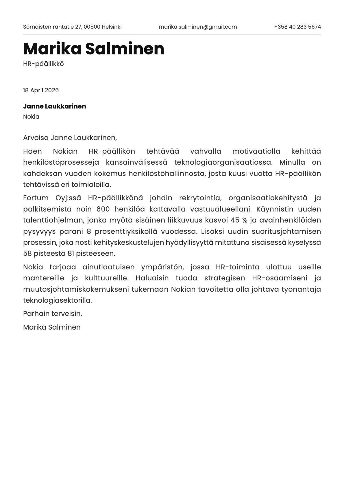 HR-päällikkö cover letter example