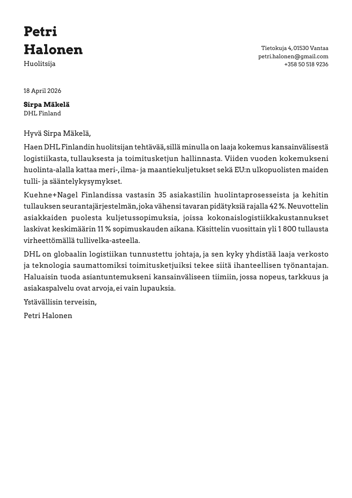 Huolitsija cover letter example