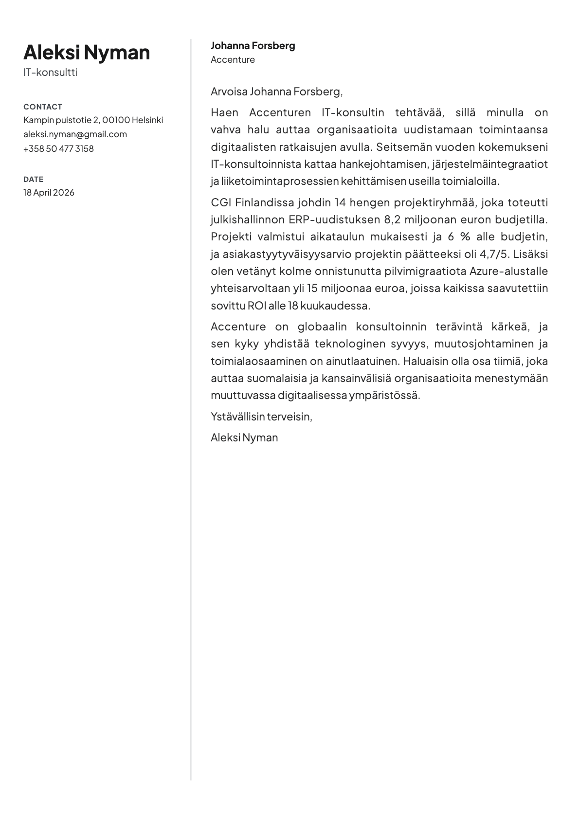 IT-konsultti cover letter example