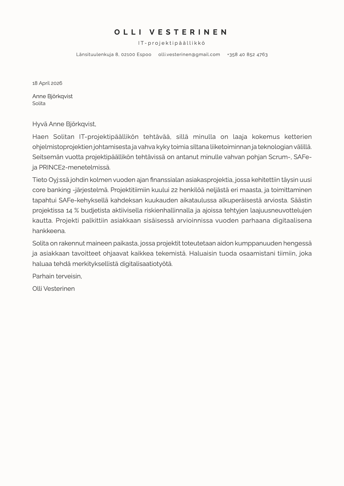 IT-projektipäällikkö cover letter example