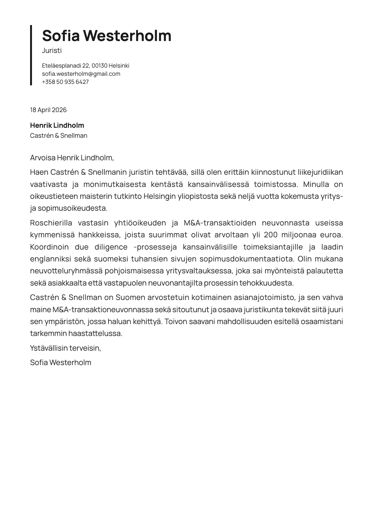 Juristi cover letter example