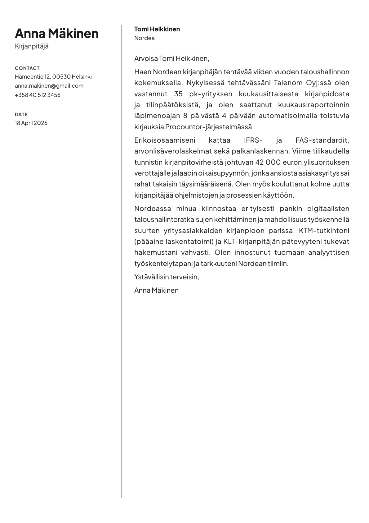 Kirjanpitäjä cover letter example