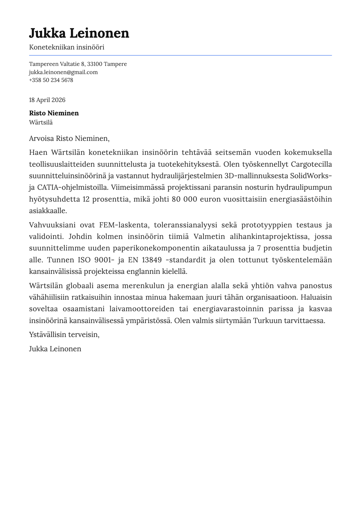 Konetekniikan insinööri cover letter example