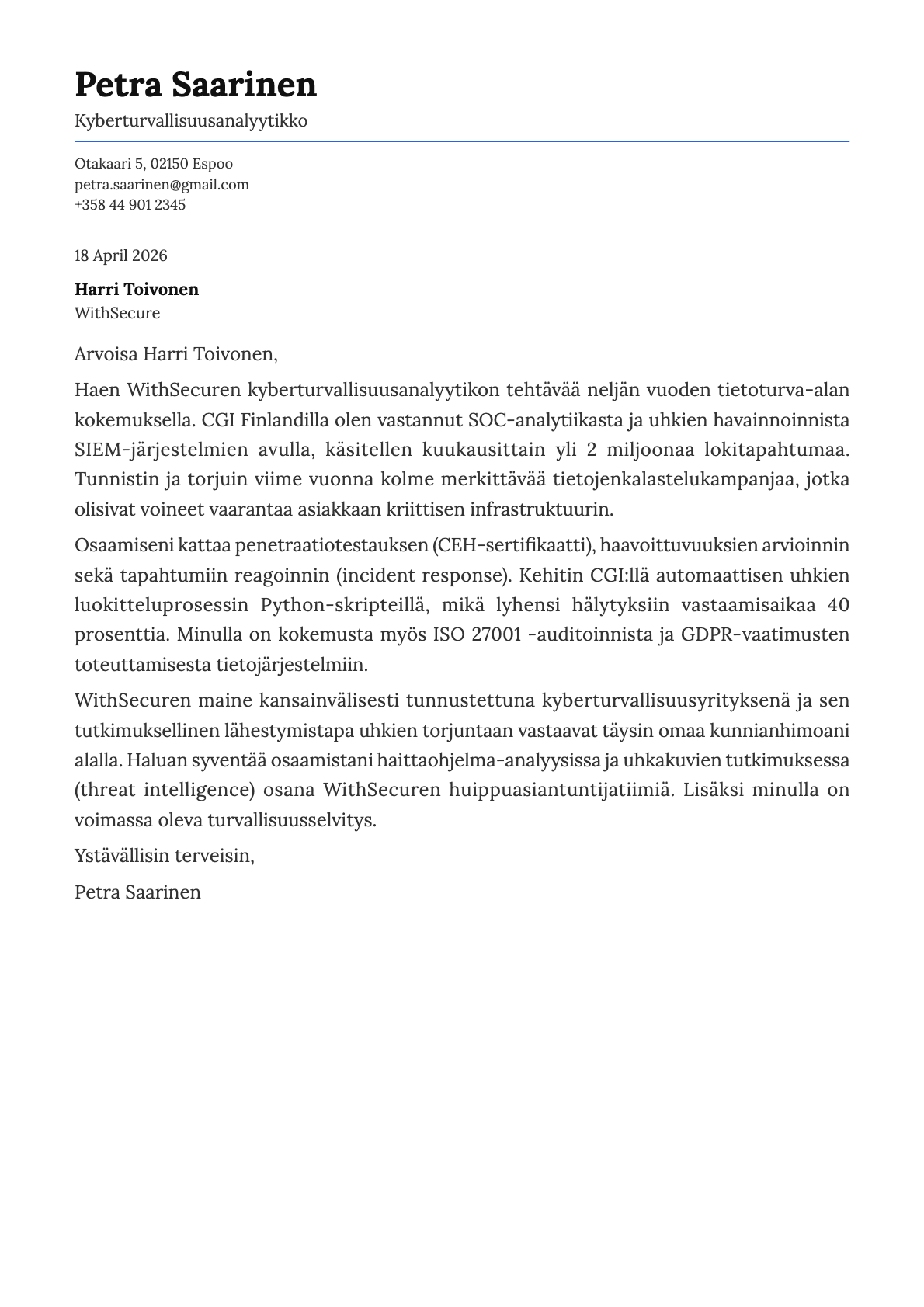 Kyberturvallisuusanalyytikko cover letter example