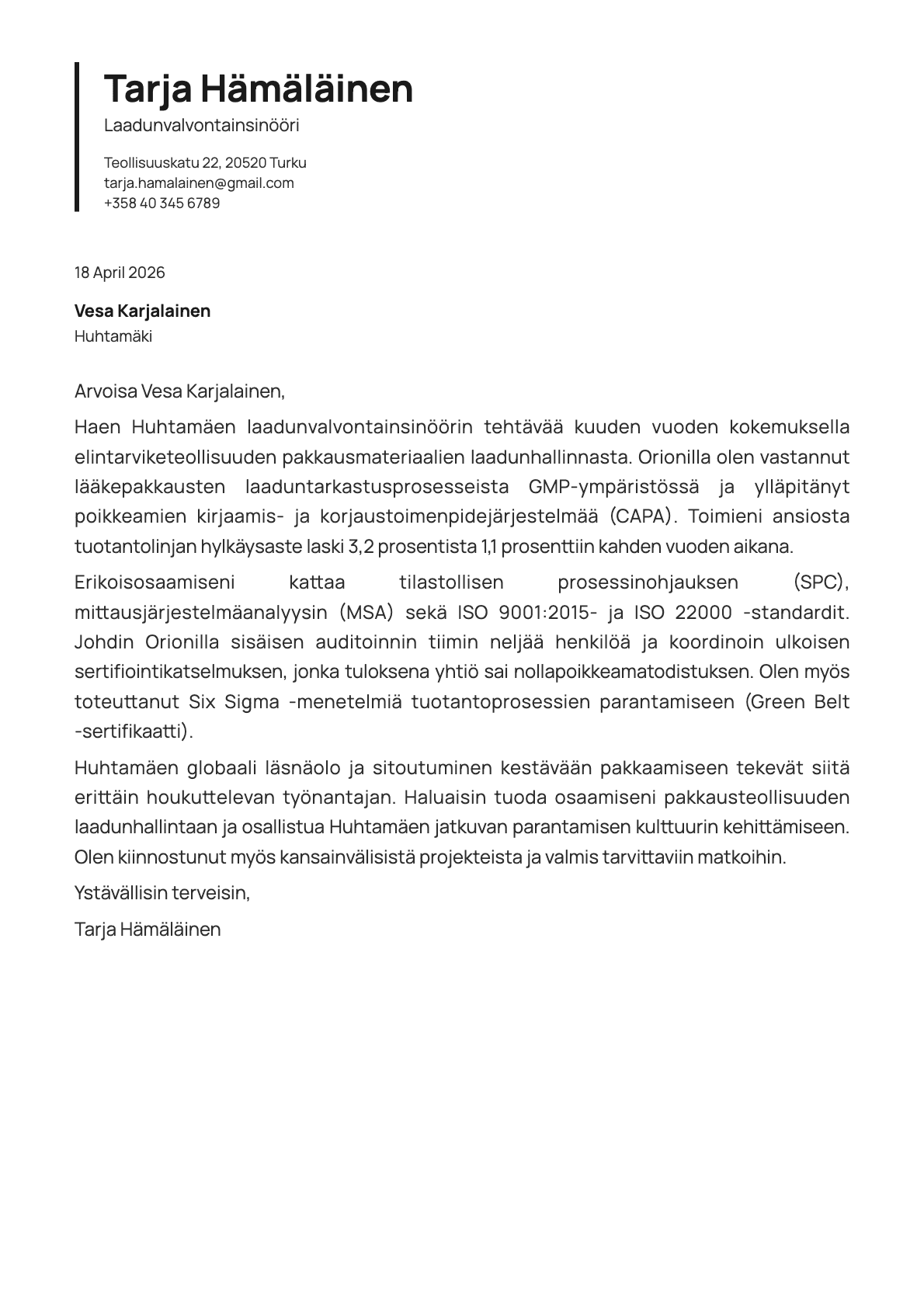 Laadunvalvontainsinööri cover letter example
