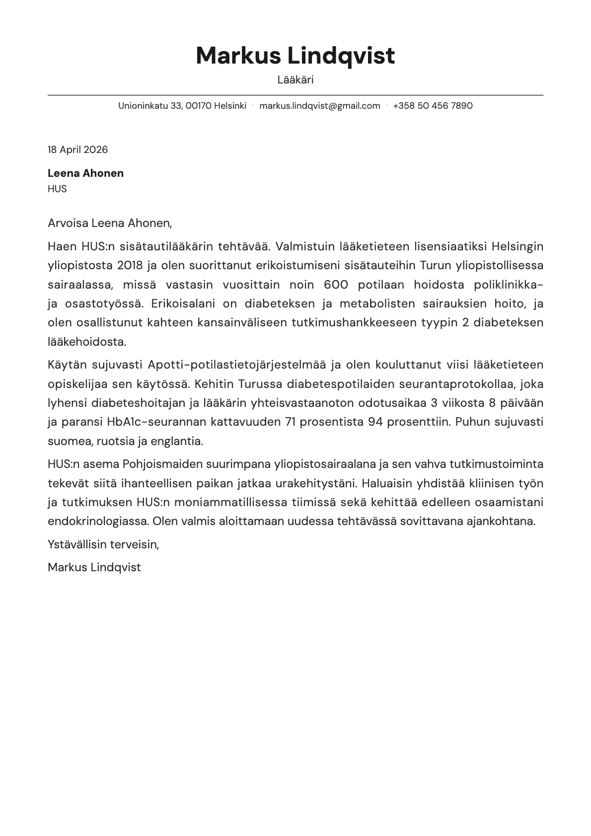 Lääkäri cover letter example