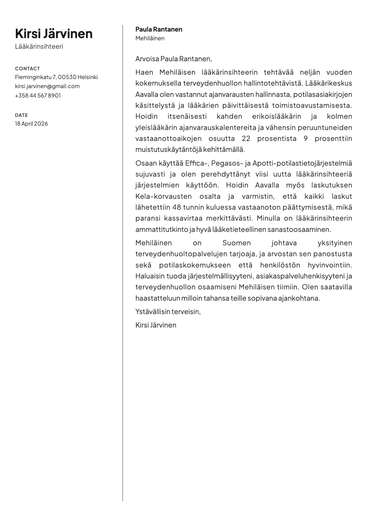 Lääkärinsihteeri cover letter example
