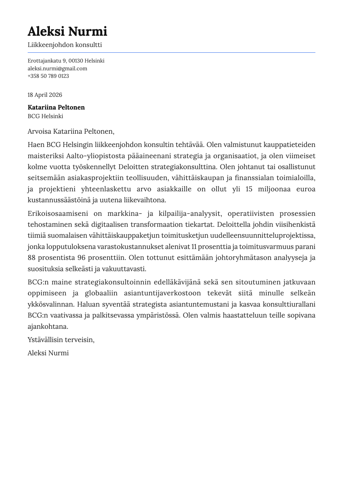 Liikkeenjohdon konsultti cover letter example