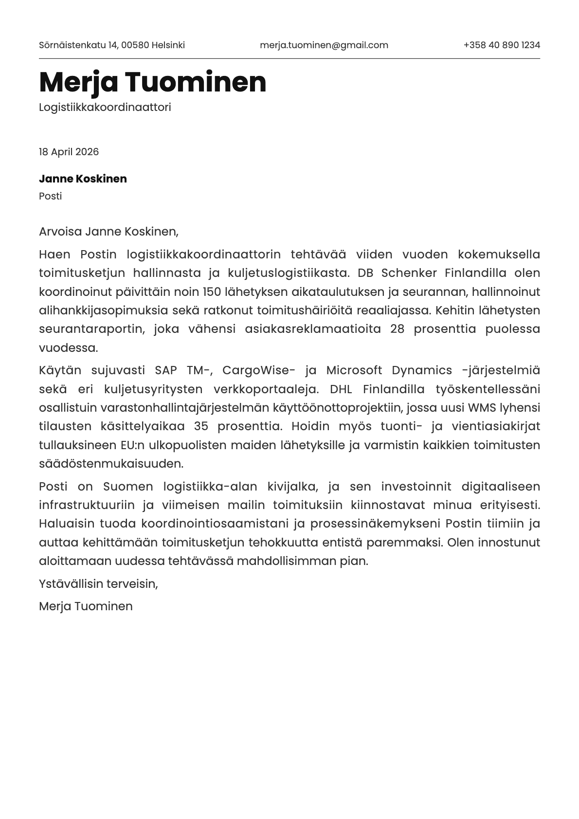 Logistiikkakoordinaattori cover letter example