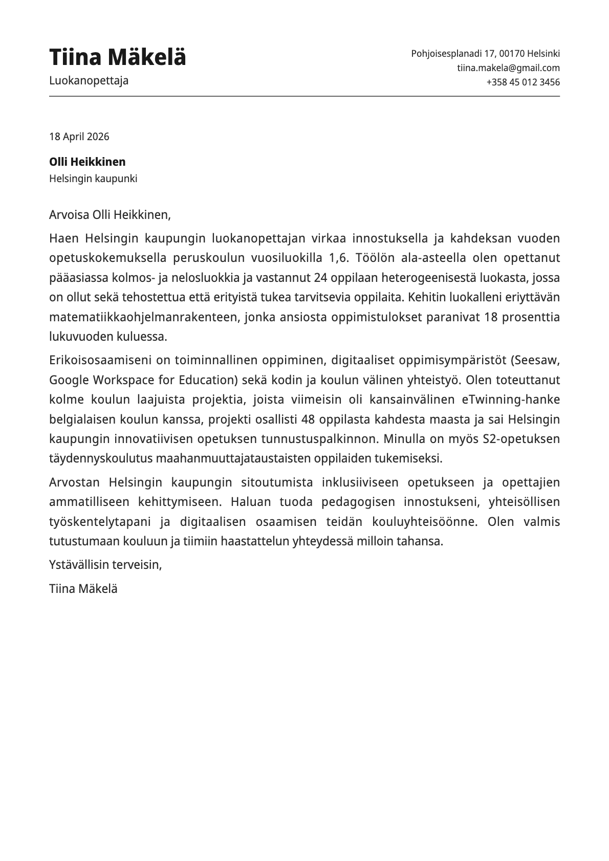 Luokanopettaja cover letter example