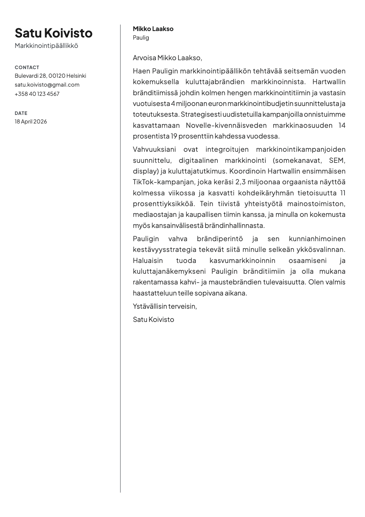 Markkinointipäällikkö cover letter example