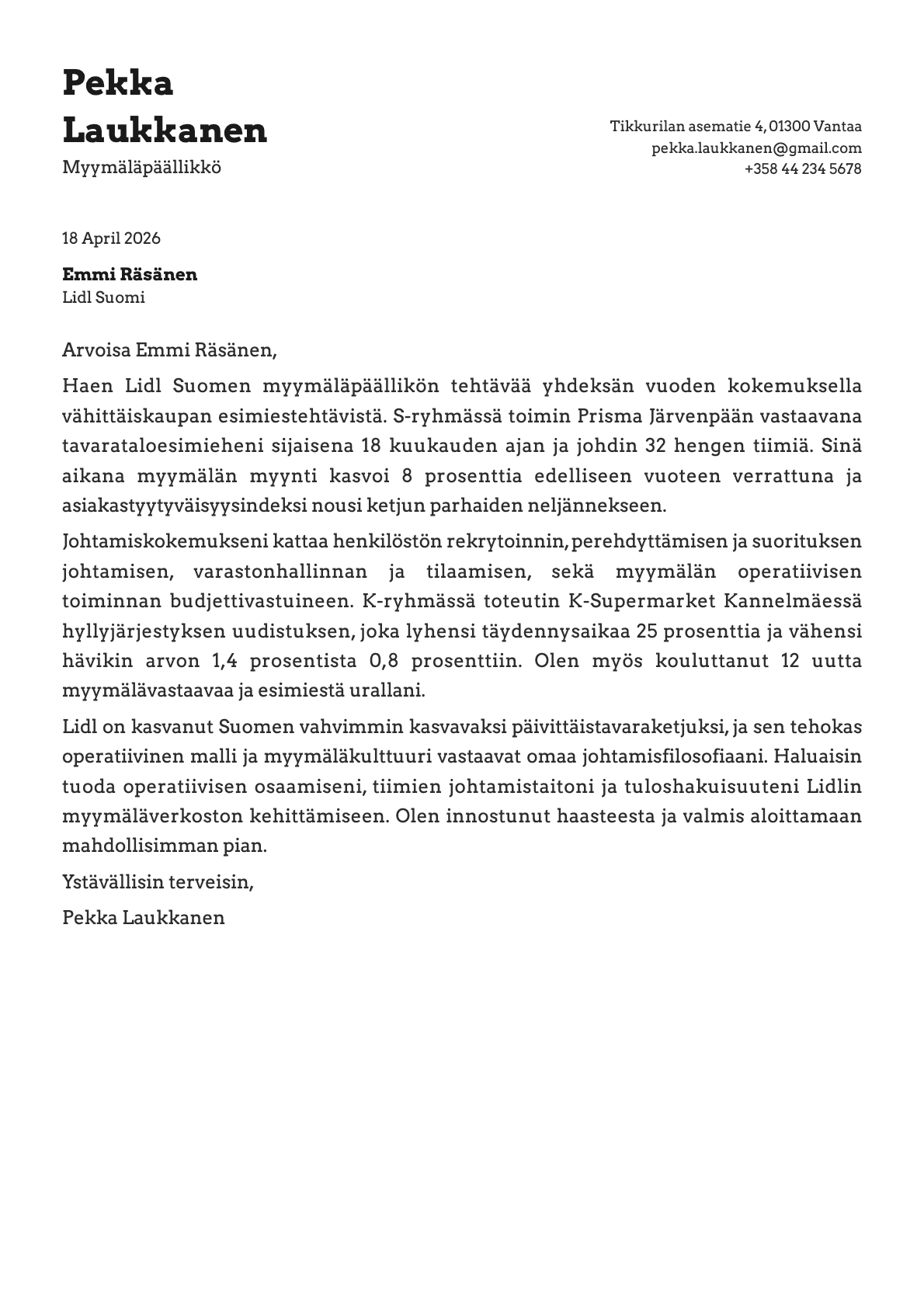 Myymäläpäällikkö cover letter example