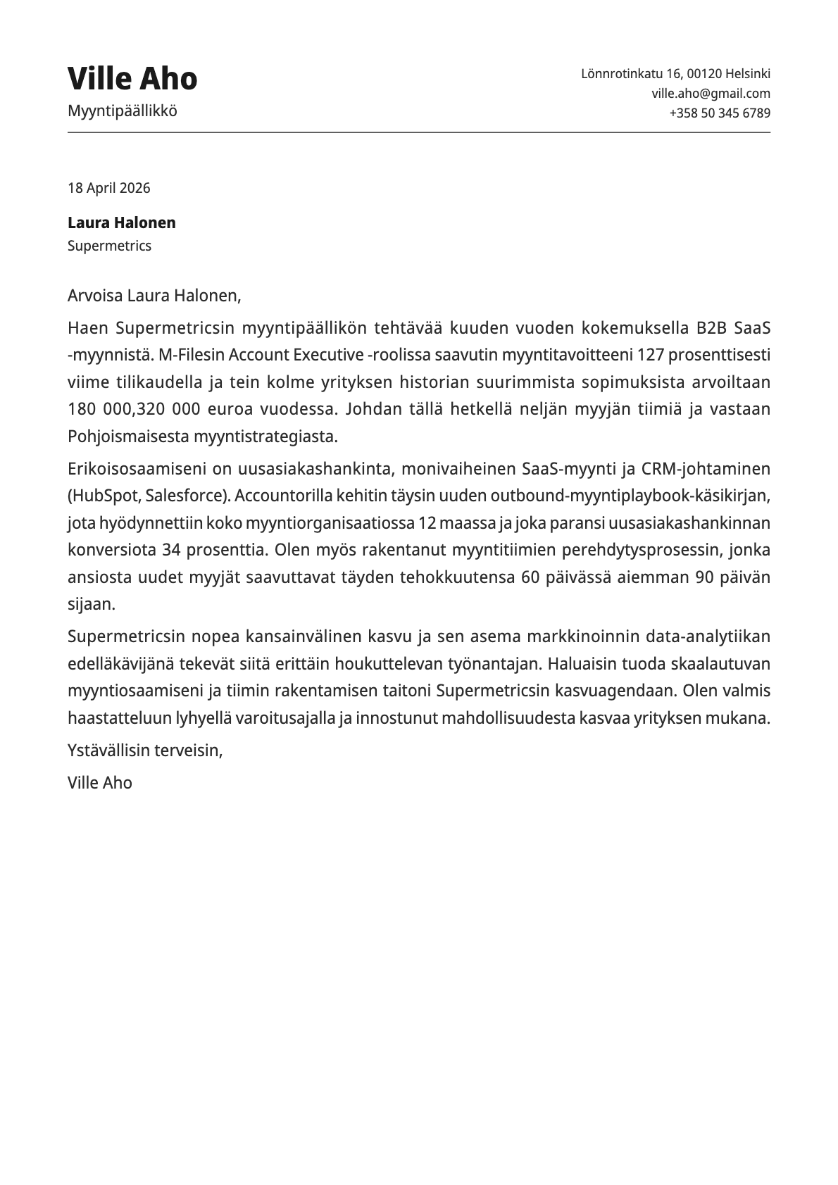 Myyntipäällikkö cover letter example