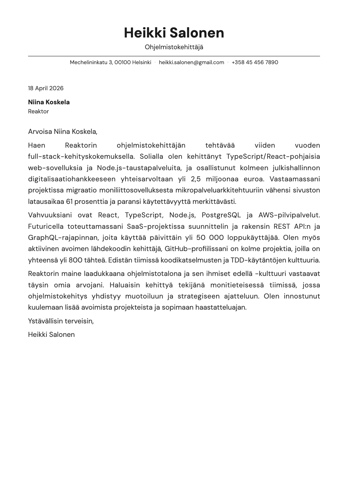 Ohjelmistokehittäjä cover letter example