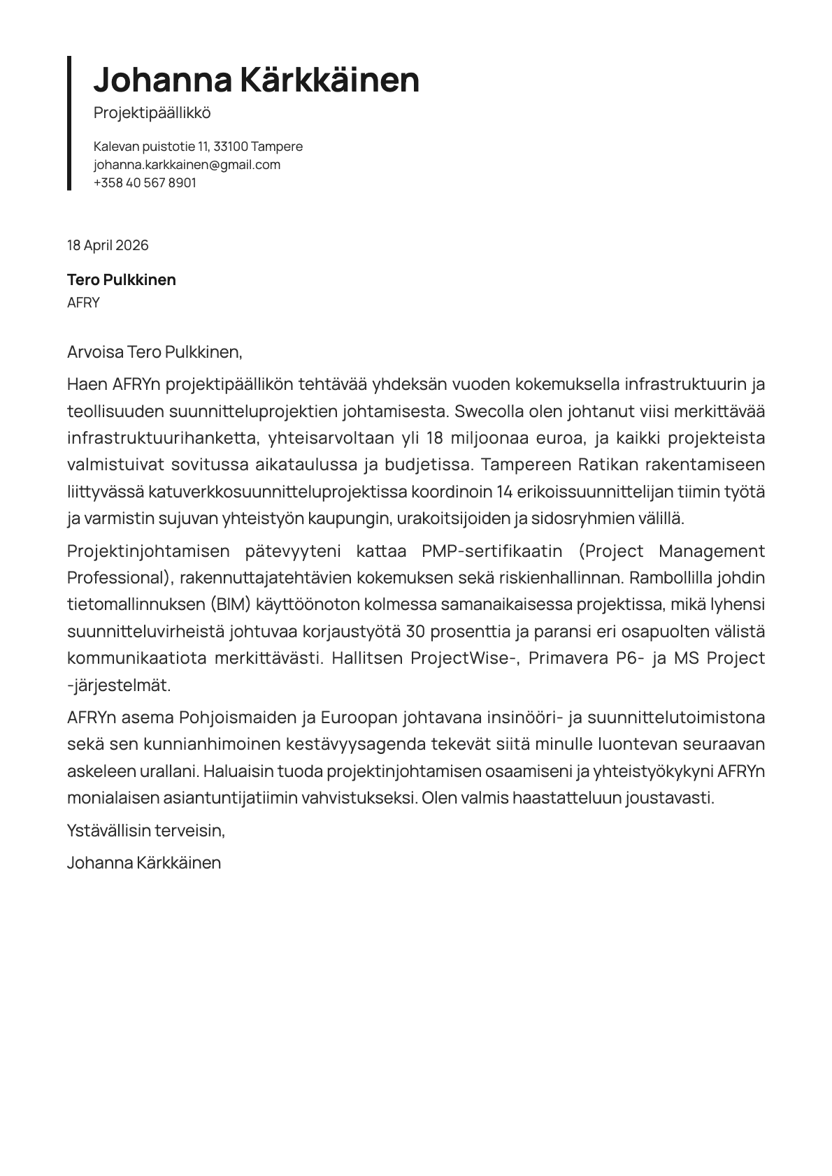Projektipäällikkö cover letter example