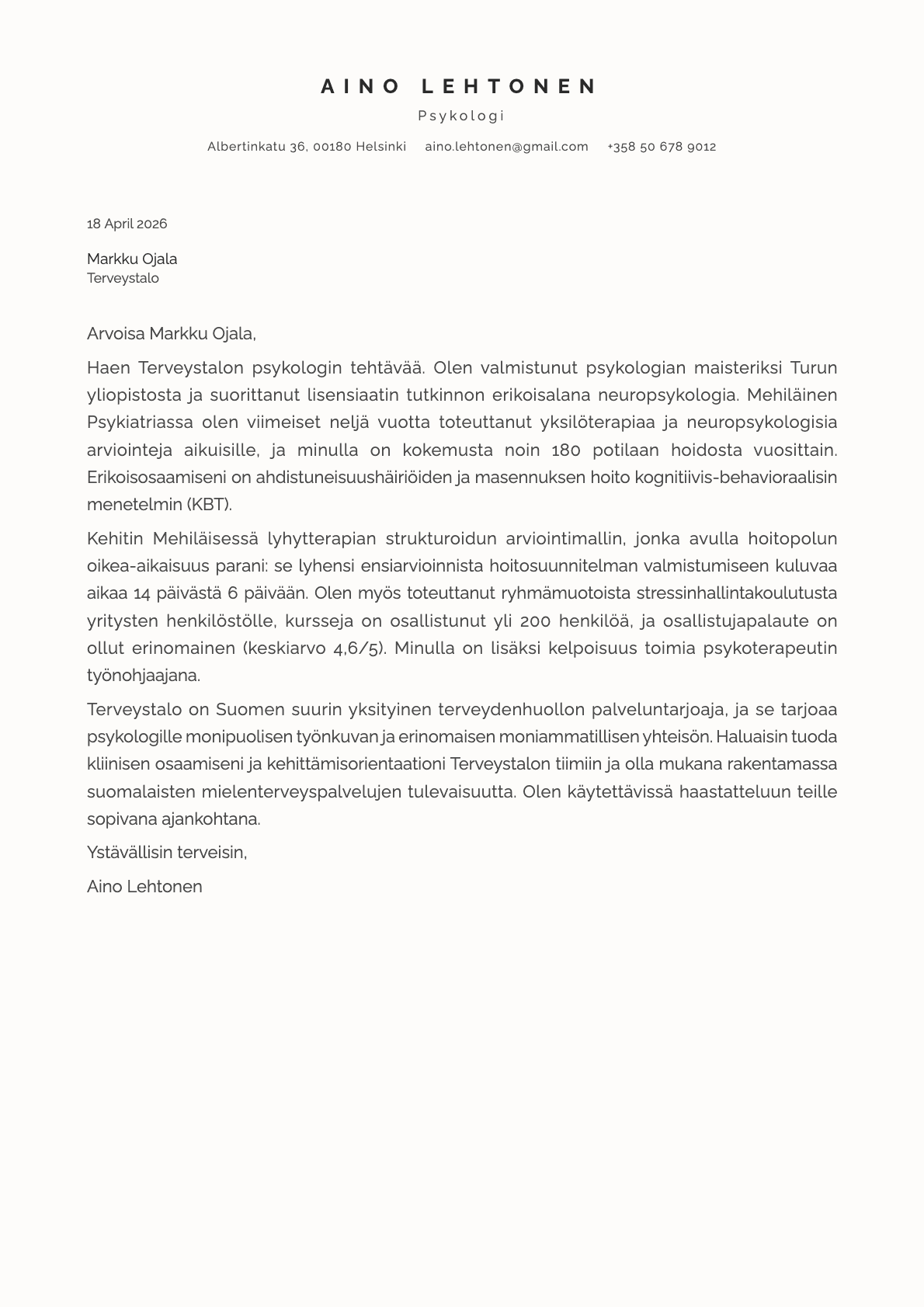Psykologi cover letter example