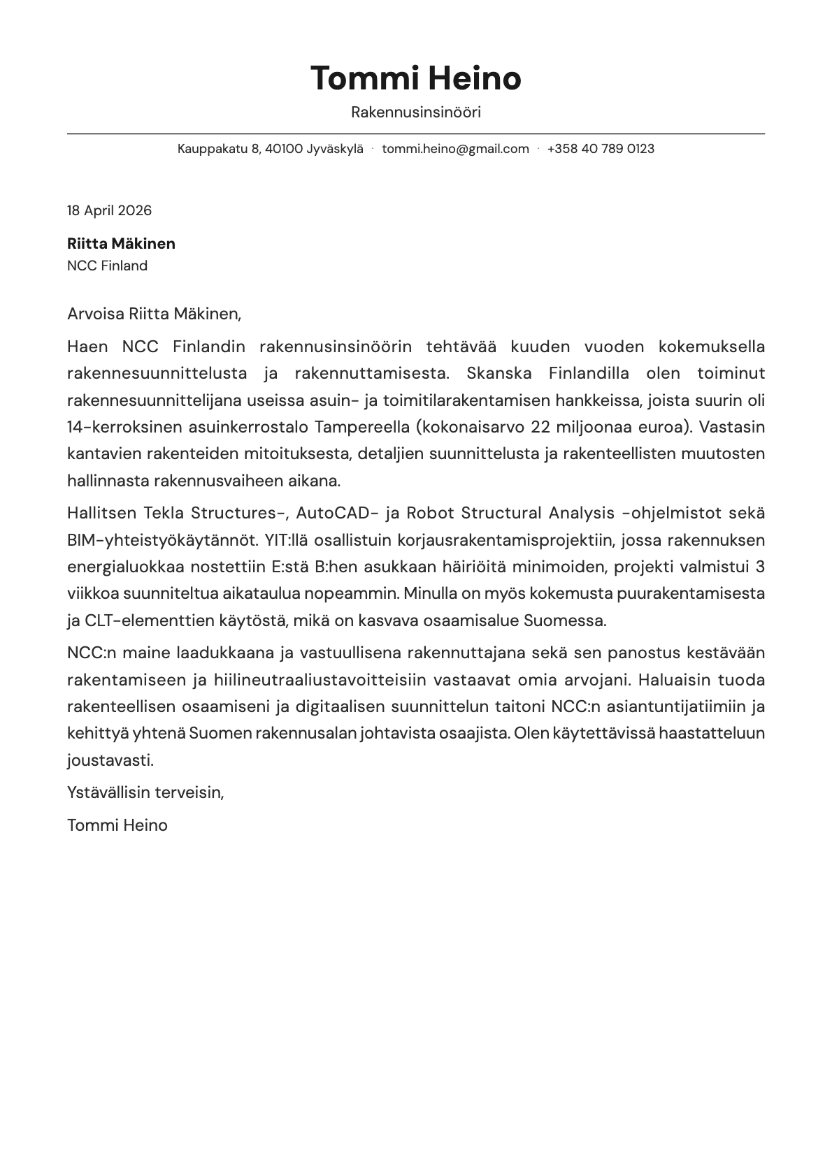 Rakennusinsinööri cover letter example