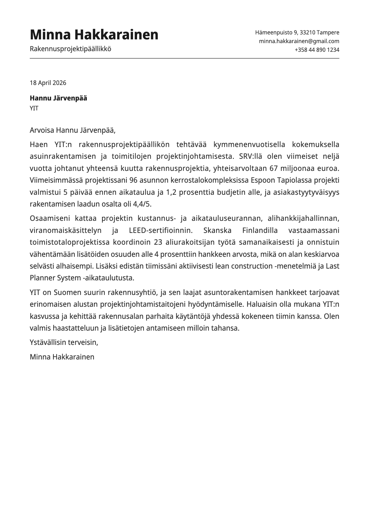 Rakennusprojektipäällikkö cover letter example